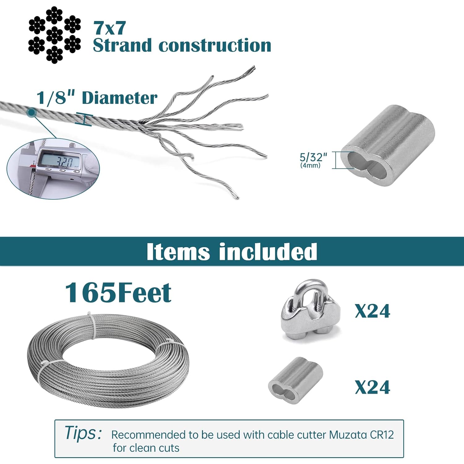Muzata 165Feet 1/8inch Stainless Steel Wire Rope Aircraft Cable Railing Decking 7x7 Strand Indoor Outdoor DIY Balustrade WR01 with 24Pack Ferrule and 24Pack Clamp WP1