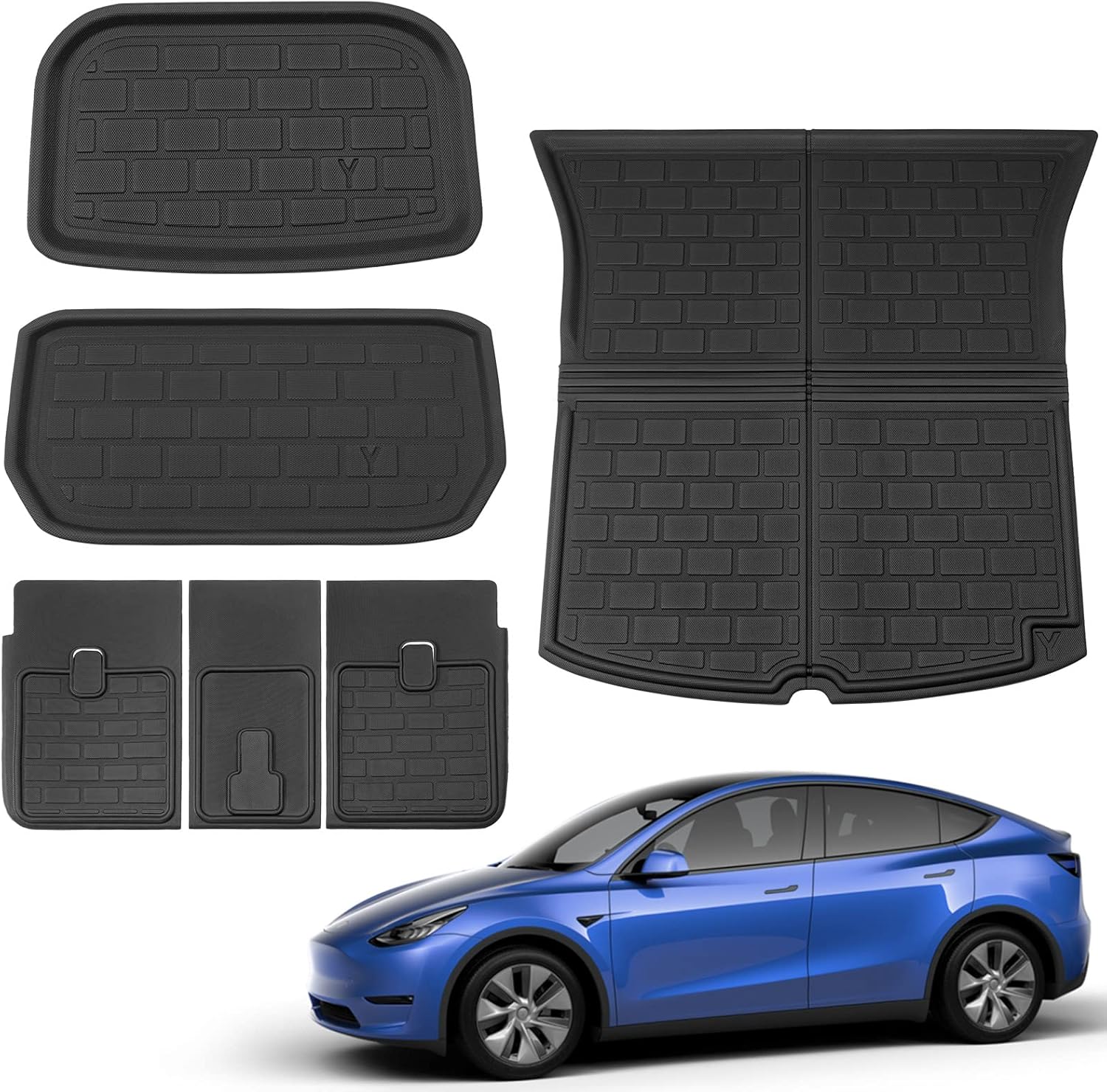 powoq Fit 2020-2022 Tesla Model Y TPR Trunk Mat All Weather Cargo Mat Waterproof Cargo Liners Trunk Liner for 2020 2021 2022 Tesla Model Y 5-Seat Accessories(A Set of 6)