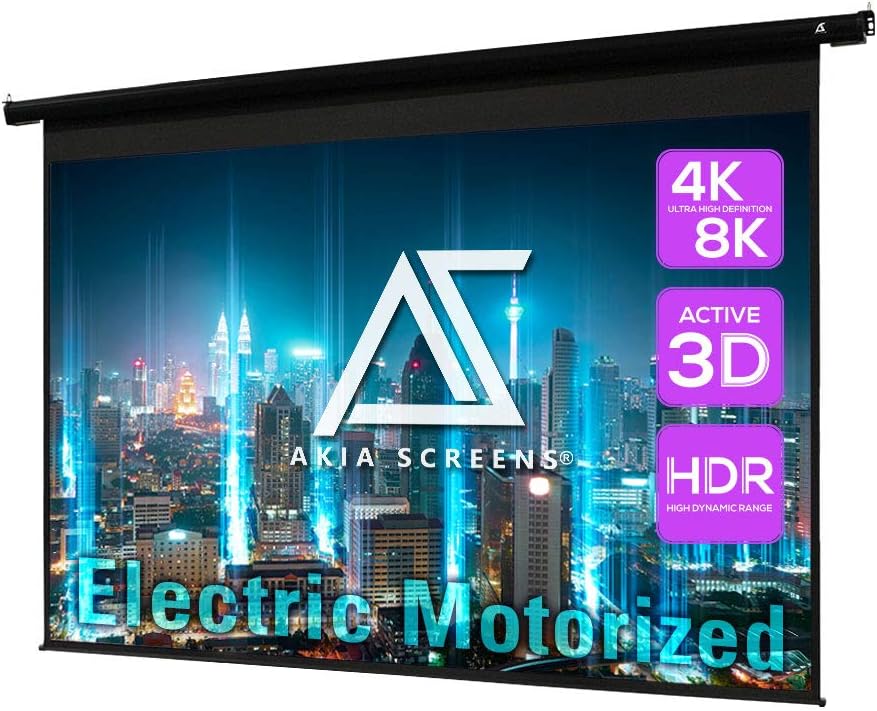 Akia Screens 104 inch Motorized Electric Remote Controlled Drop Down Projector Screen 4:3 8K 4K HD 3D Retractable Ceiling Wall Mount Black Projection Screen Office Home Theater Movie AK-MOTORIZE104V1