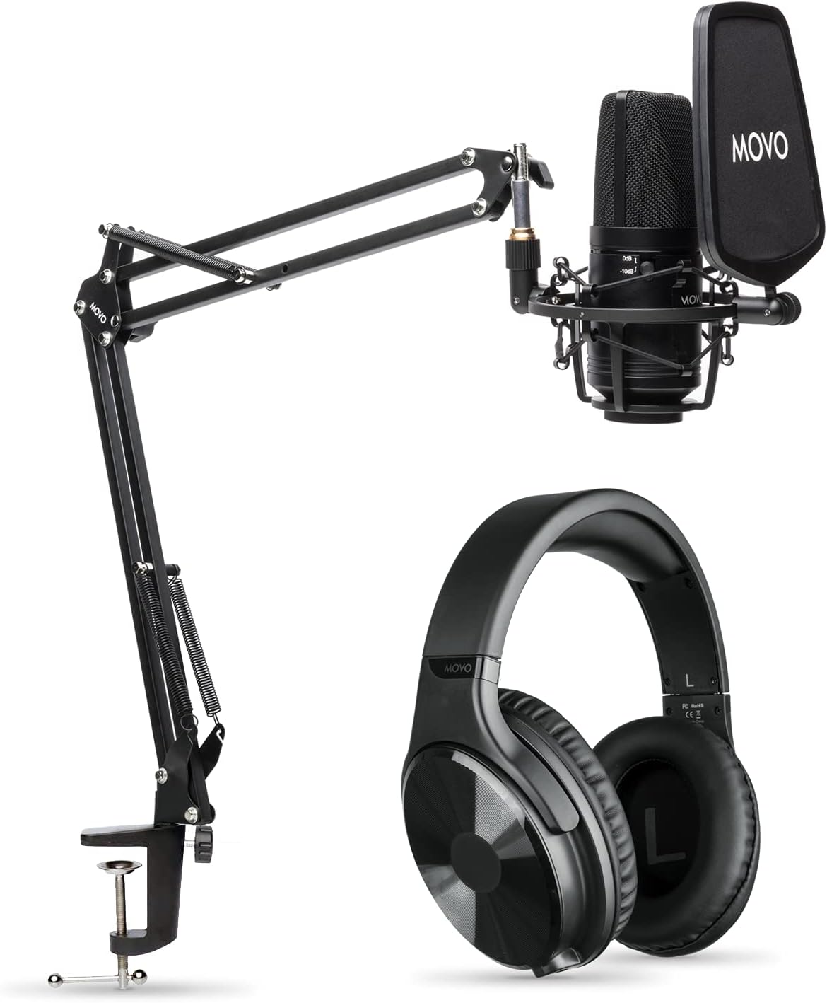 Movo XLR Condenser Microphone Bundle - Studio Headphones with Microphone, Pop Filter, and Boom Arm - XLR Computer Microphone for PC and Mac - Over Ear Headphones Wired for 3.5mm and 6.35mm Input