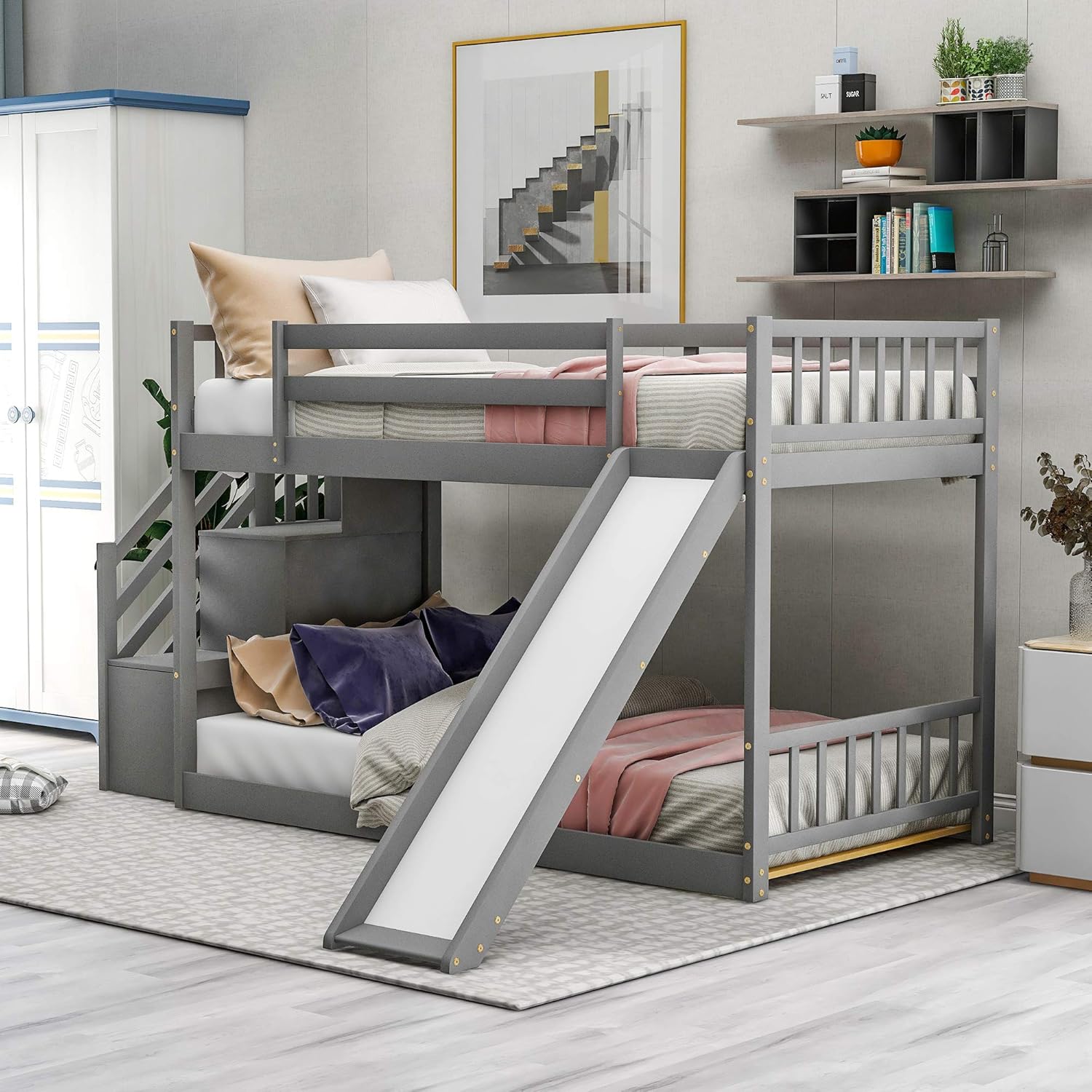 Twin Bunk Bed with Slide, Rockjame Space Saving Design Bedroom Furniture Wood Twin Over Twin Bed Frame with Stairway, Storage and Safety Guard Rail (White)