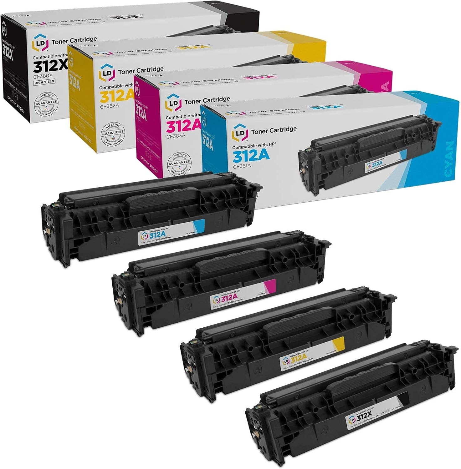 LD Products Remanufactured Toner Cartridge Replacements for HP 312A / HP 312X High Yield (CF380X Black, CF381A Cyan, CF383A Magenta, CF382A Yellow, 4-Pack) Pack of 2