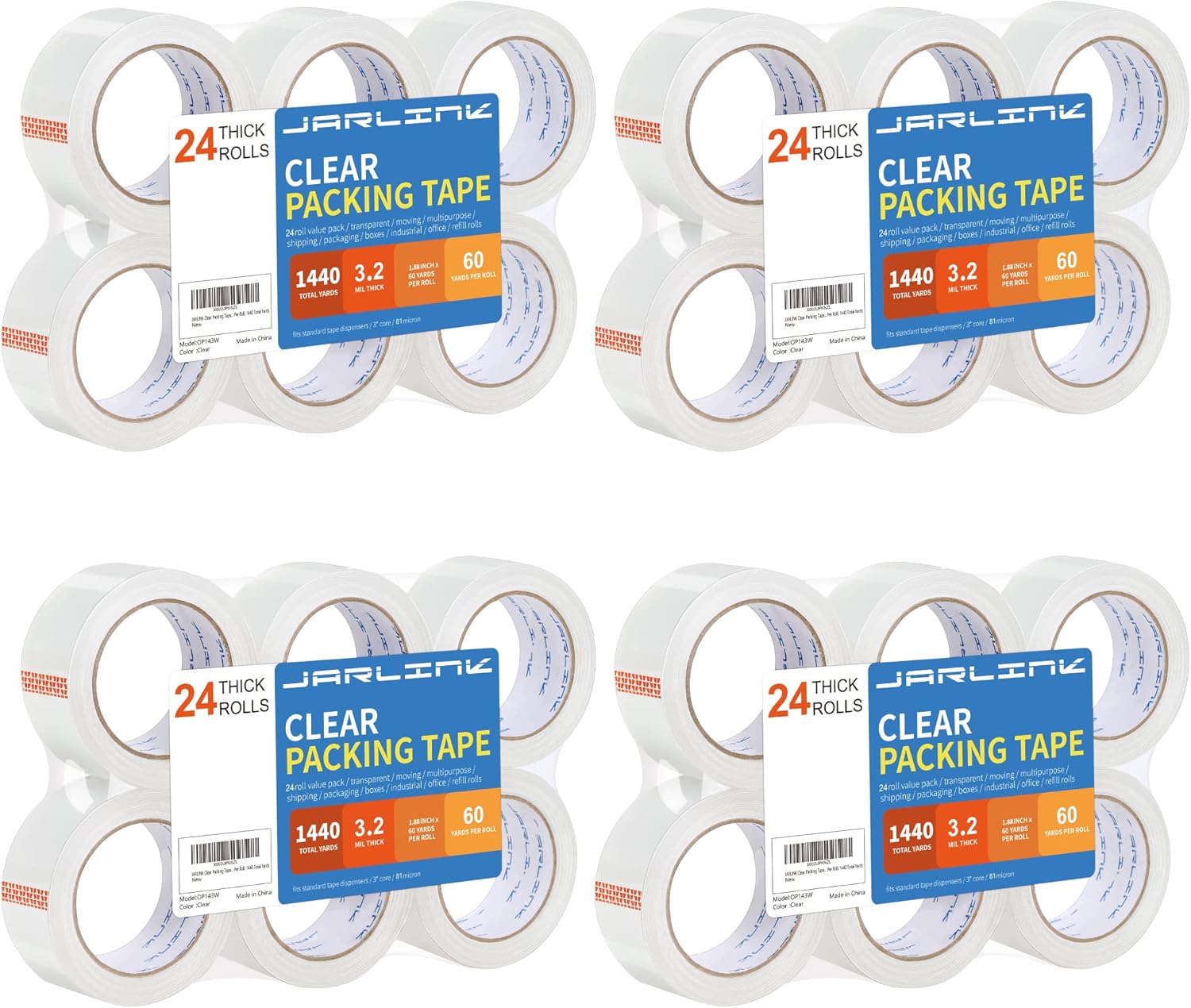 JARLINK Clear Packing Tape (24 Rolls), Heavy Duty Packaging Tape for Shipping Packaging Moving Sealing, 3.2mil Thick, 1.88 inches Wide, 60 Yards Per Roll, 1440 Total Yards Pack of 2