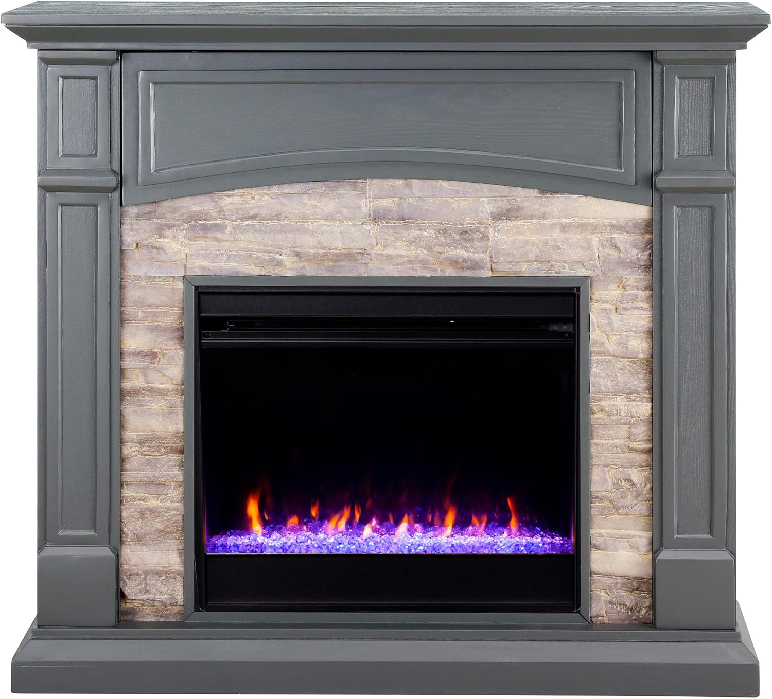 SEI Furniture Seneca Faux Stone Color Changing Electric Hidden Media Shelf Fireplace, Crisp White
