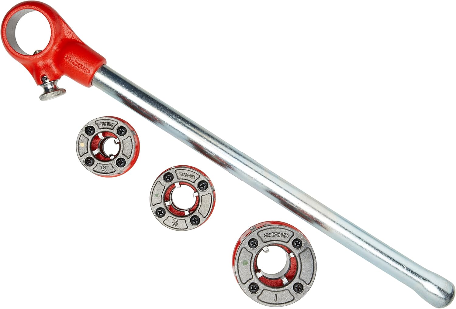 RIDGID 36345 00-R Exposed Ratchet Threader Set, Ratcheting Pipe Threading Set of 1/2-Inch to 1-Inch NPT Pipe Threading Dies and Manual Ratcheting Pipe Threader,Red/Black,Small