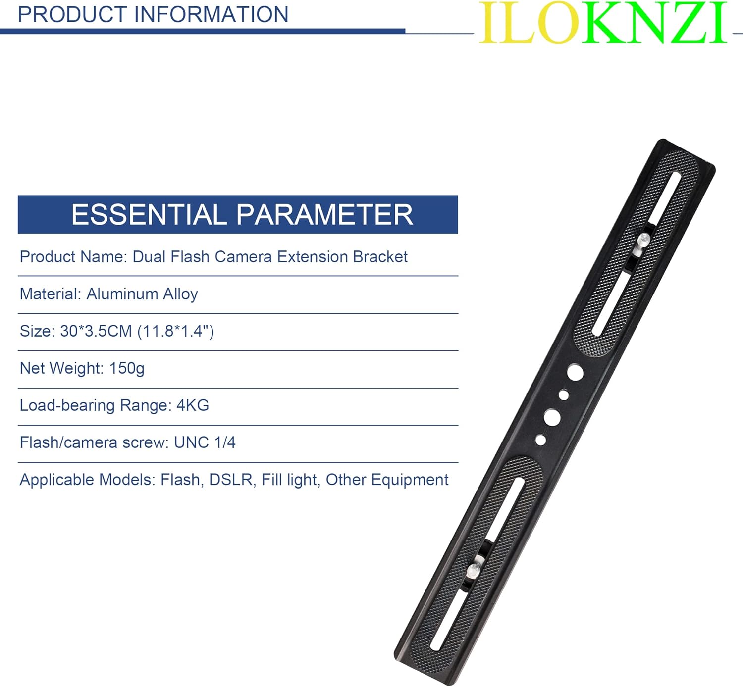 ILOKNZI Dual Camera Mount Flash Extension Bar, 30cm/11.8 inch Flash Bracket with Twin 1/4