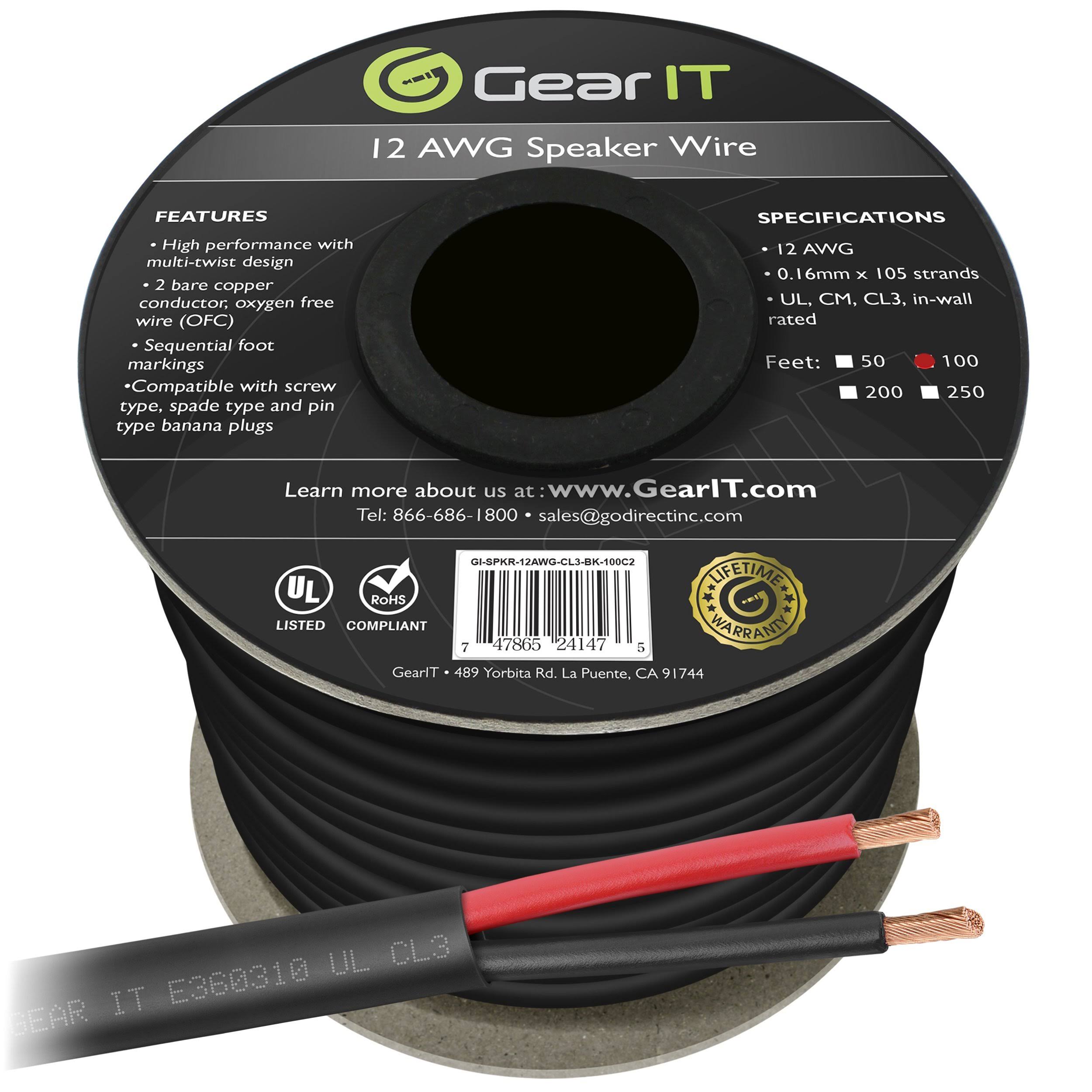 12 AWG CL3 OFC Outdoor Speaker WIRE, Gearit Pro Series 12 Gauge (100 Feet / 30.48 Meters / Black) Oxygen Free Copper UL CL3 Rate
