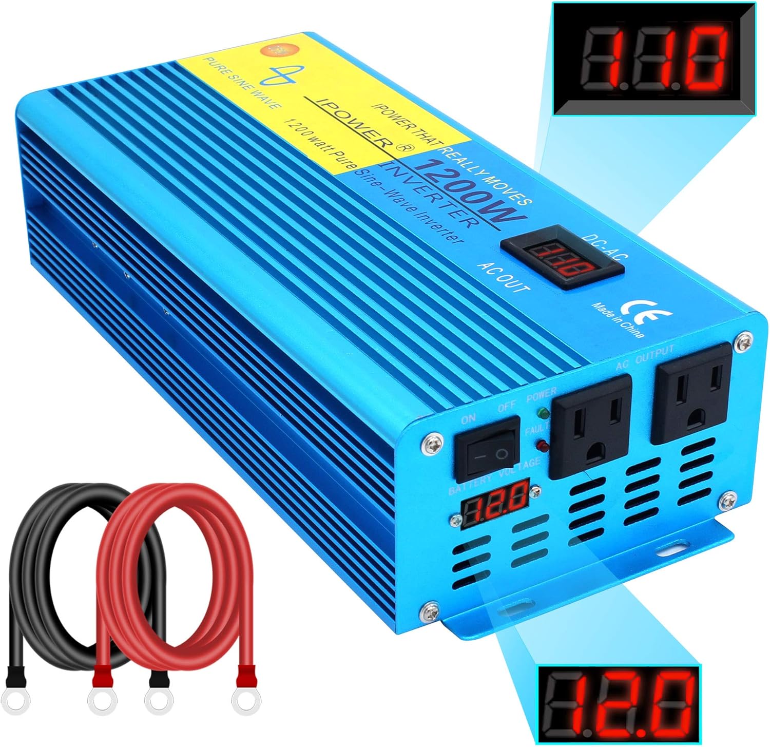 IpowerBingo 1200W Pure Sine Wave Power Inverter 12V DC to 110 V AC with 2 AC Outlets 2 Battery Cables with LCD Display Car Boat Inverter
