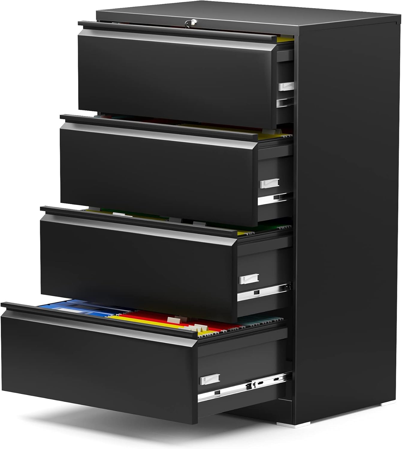 AOBABO Metal 4 Drawer Lateral File Cabinet, Locking Office Filing Cabinet, Legal/Letter A4 Size Steel Files Cabinet for Office and Home, Assembly Required (Black, 52'')