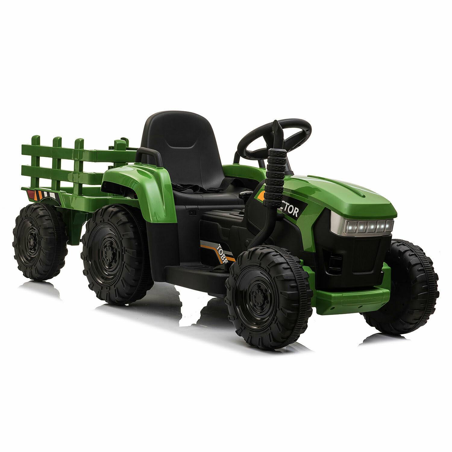 Tobbi 12V Electric Kids Ride-On Tractor with Trailer, Dark Green