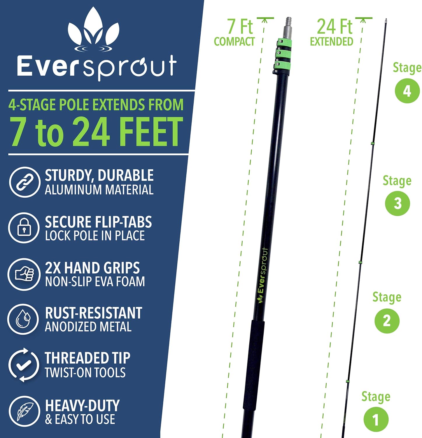EVERSPROUT 7-to-24 Foot Telescopic Extension Pole (30 Foot Reach) | Heavy-Duty Sturdy Aluminum | Easy Flip-Tab Lock Mechanism | Twist-On Metal Tip Works for Squeegee, Duster, Paint Roller (Pole only)
