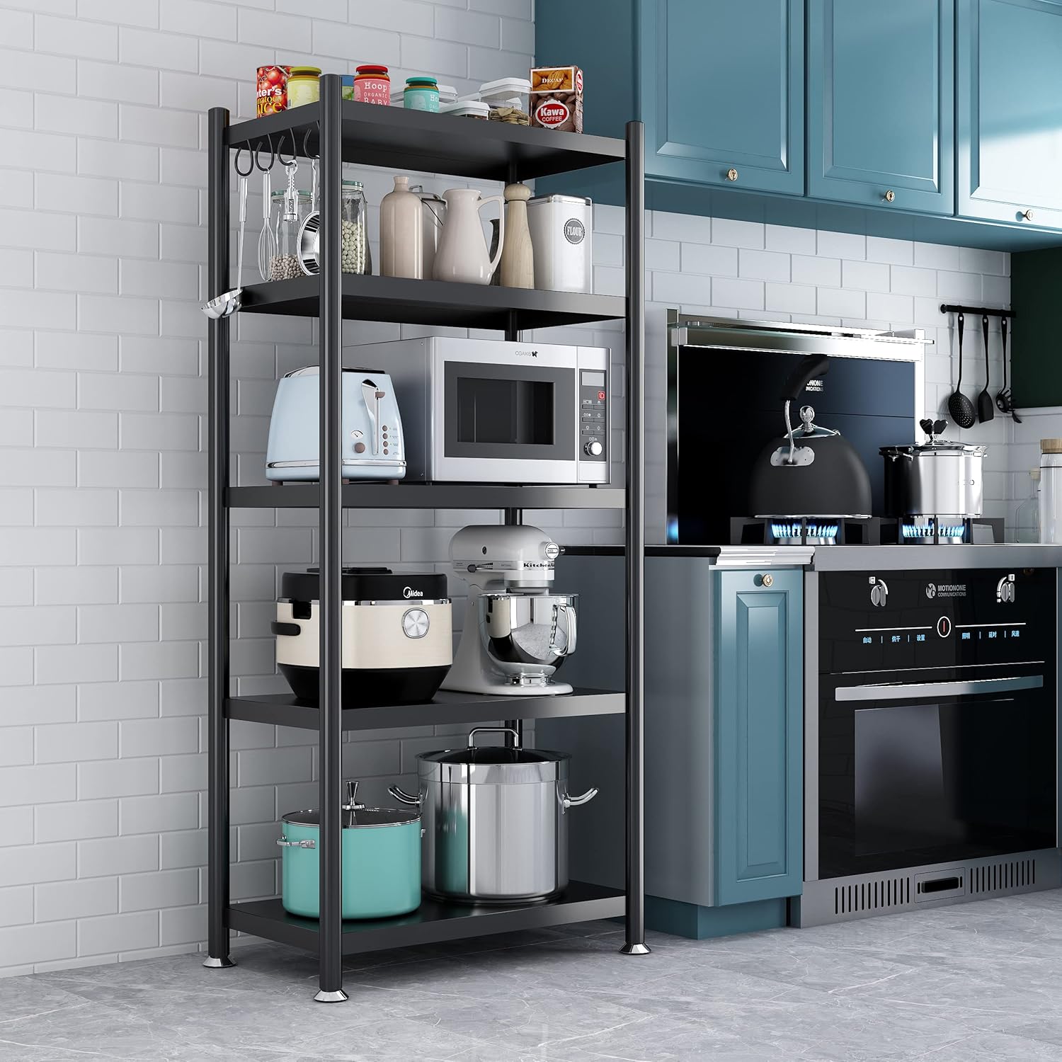 Multipurpose 5-Tier Storage Shelf Display Rack for Kitchen - Black, Adjustable, Stainless Steel, 160x70x40CM