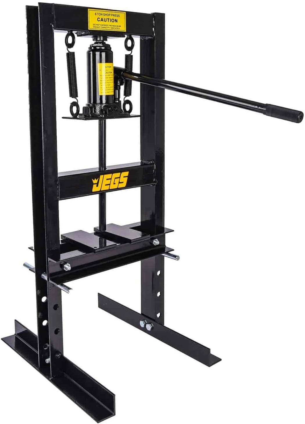 JEGS 6 Ton Hydraulic Shop Press - Lever-Action, Bench Top Hydraulic Press - Up to 18-Inch Working Range - Includes 2 Press Plates - Back Steel with JEGS Logo