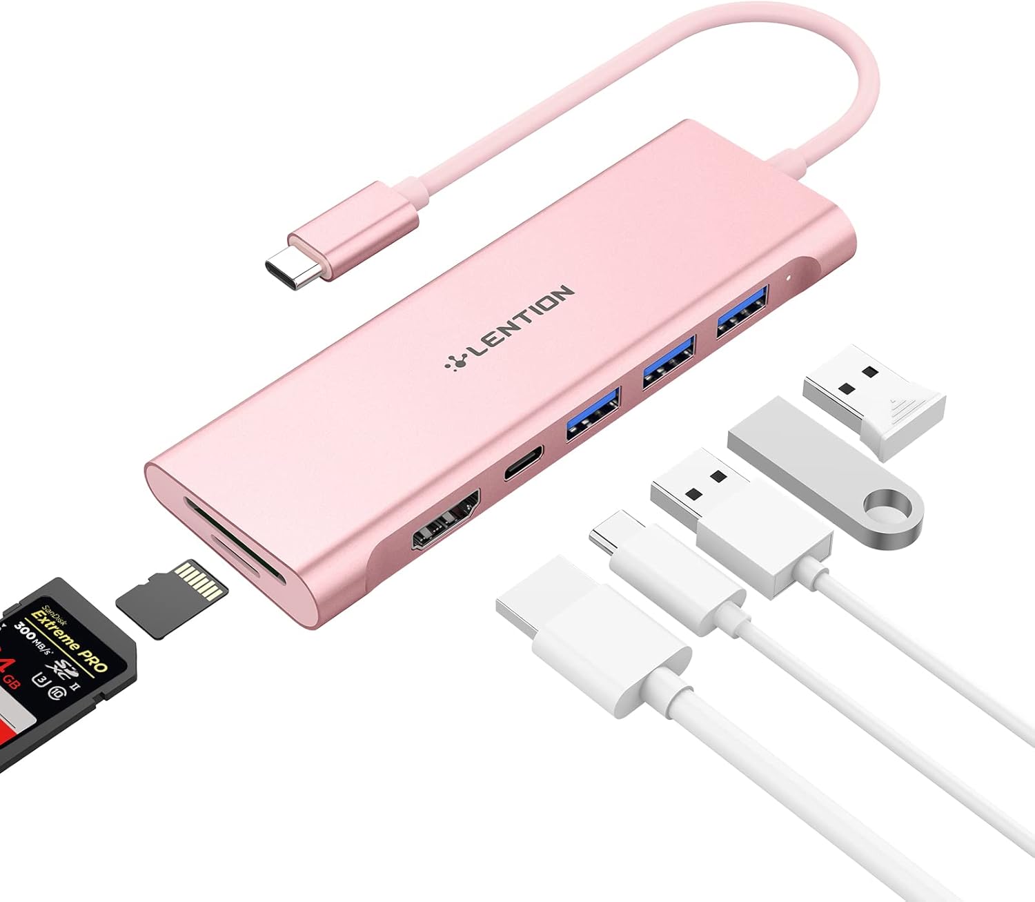 LENTION USB C Multiport Hub with 4K HDMI, 3 USB 3.0, SD/Micro SD Card Reader, 100W PD Compatible 2021-2016 MacBook Pro, New Mac Air, Other Type C Devices, Stable Driver Adapter (CB-C36B, Rose Gold)