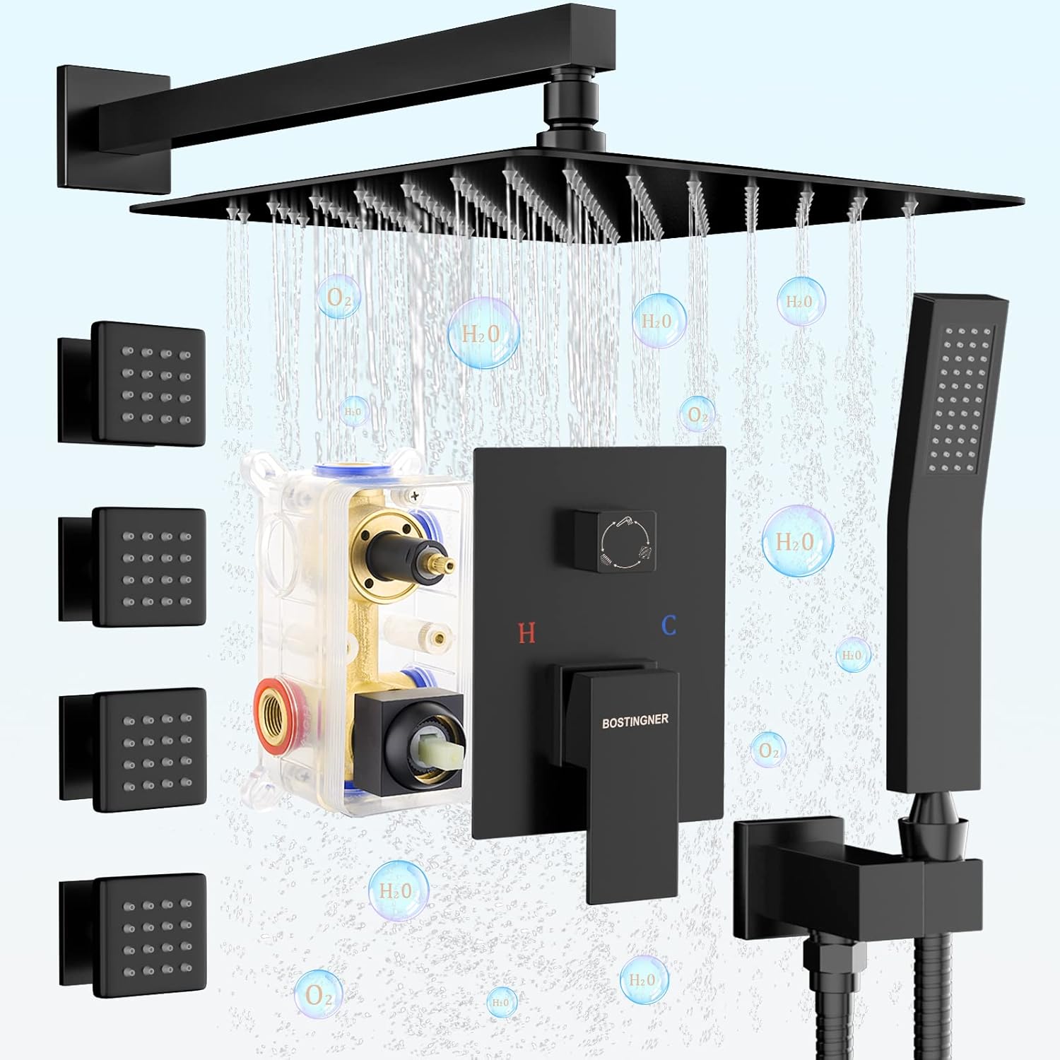 Bostingner NER19008DH Shower Body Sprays Systems, 10 Inch Rain Shower Head System Wall Mounted, All Metal Shower Jets System, Contain Rough-in Shower Valve, Matte Black