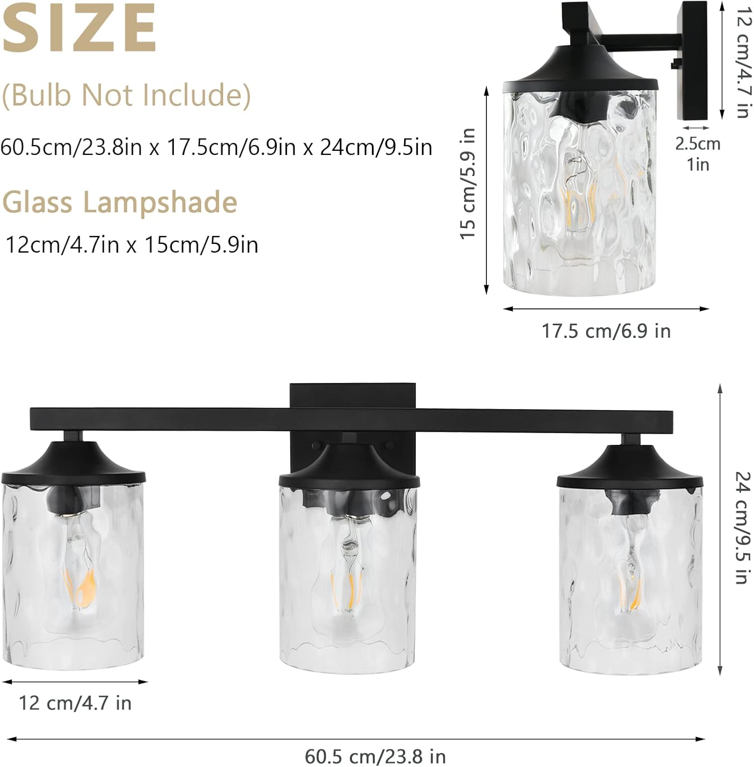 Bathroom Vanity Light Fixtures, Minetom 3 Light Matte Black Modern Wall Sconce Lighting with Clear Glass Shade and Metal Base, Wall Mounted Lamp for Mirror Cabinet Kitchen Stairs