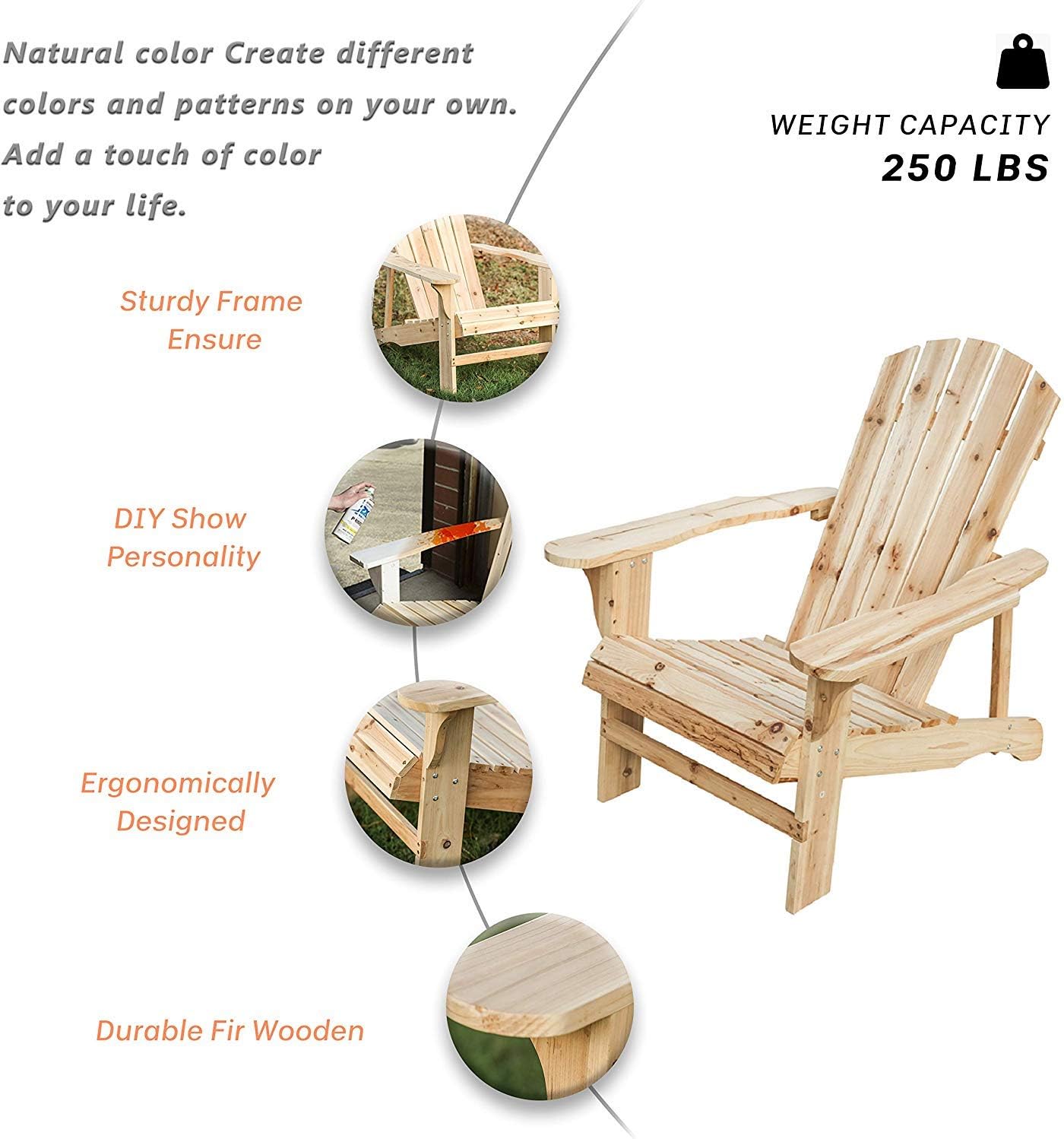 LOKATSE HOME Outdoor Wooden Adirondack Chairs Natural for Yard, Patio, Garden, Lawn
