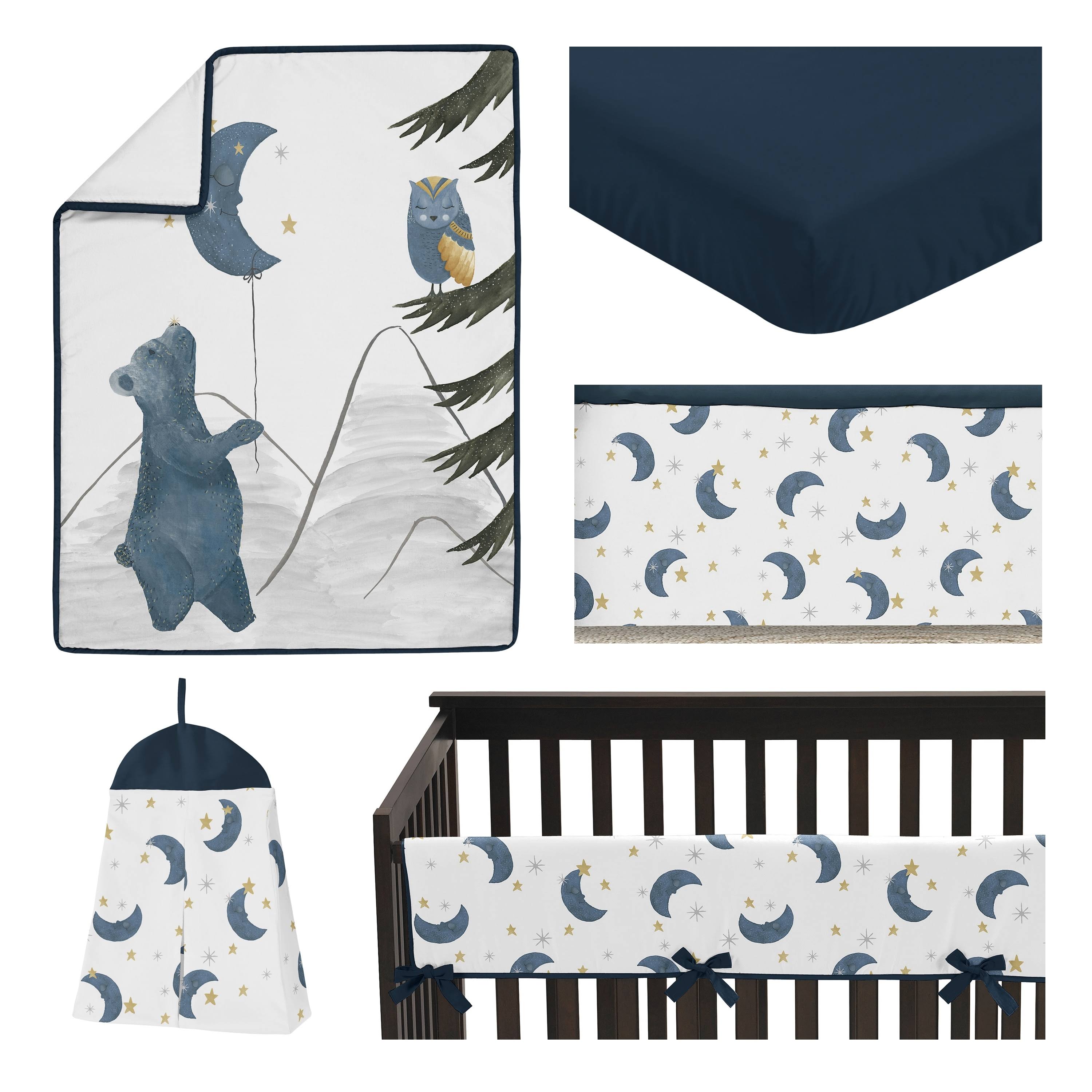 Sweet Jojo Designs Woodland Bear and Owl Baby Boy Girl Nursery Crib Bedding Set - 5 Pieces - Navy Blue, Grey, Gold and Black Cel