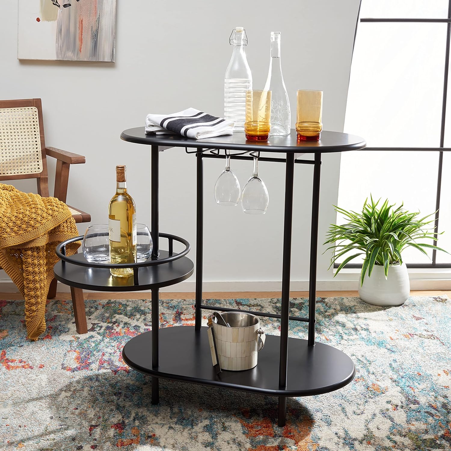 SAFAVIEH Home Collection Iva Light Walnut/ Gold 3-Tier Swivel Stemware Rack Bar Table