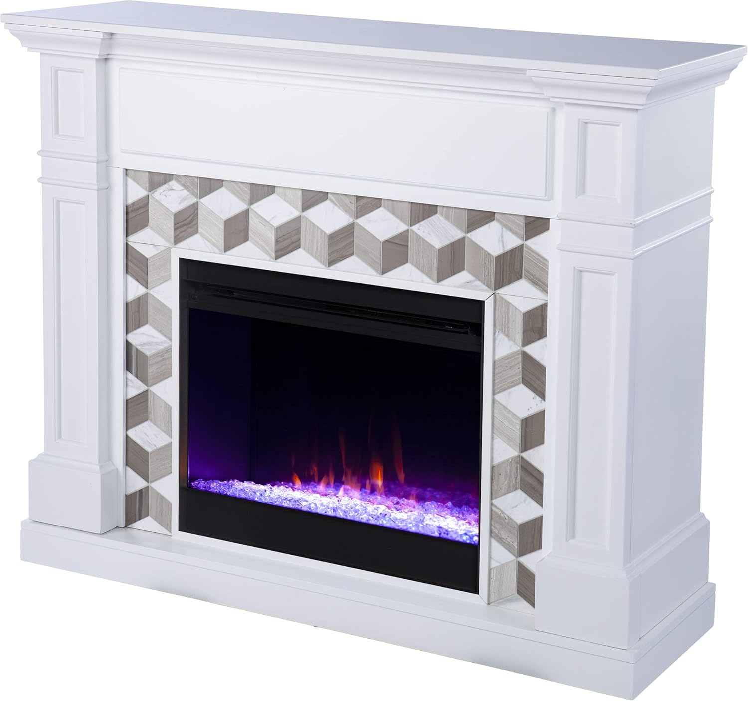 SEI Furniture Darvingmore Color Changing Fireplace w/ Marble Surround, White/ Brown