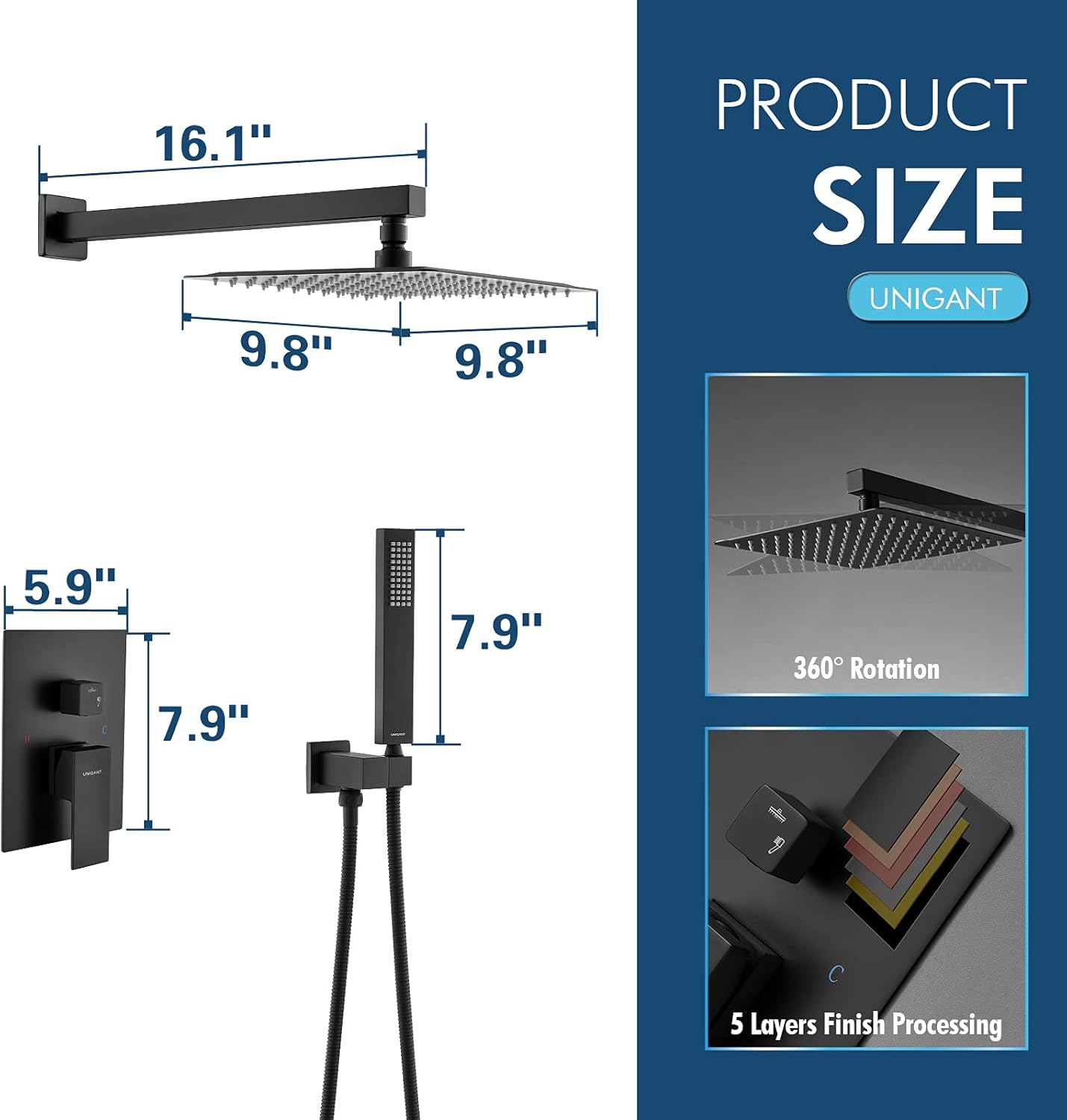 Rainfall Shower Systems Wall 2-Function Mounted 10 Inches Matte Black Bathroom Luxury Rain Shower Head System Shower Combo set with Handheld Square Shower Valve