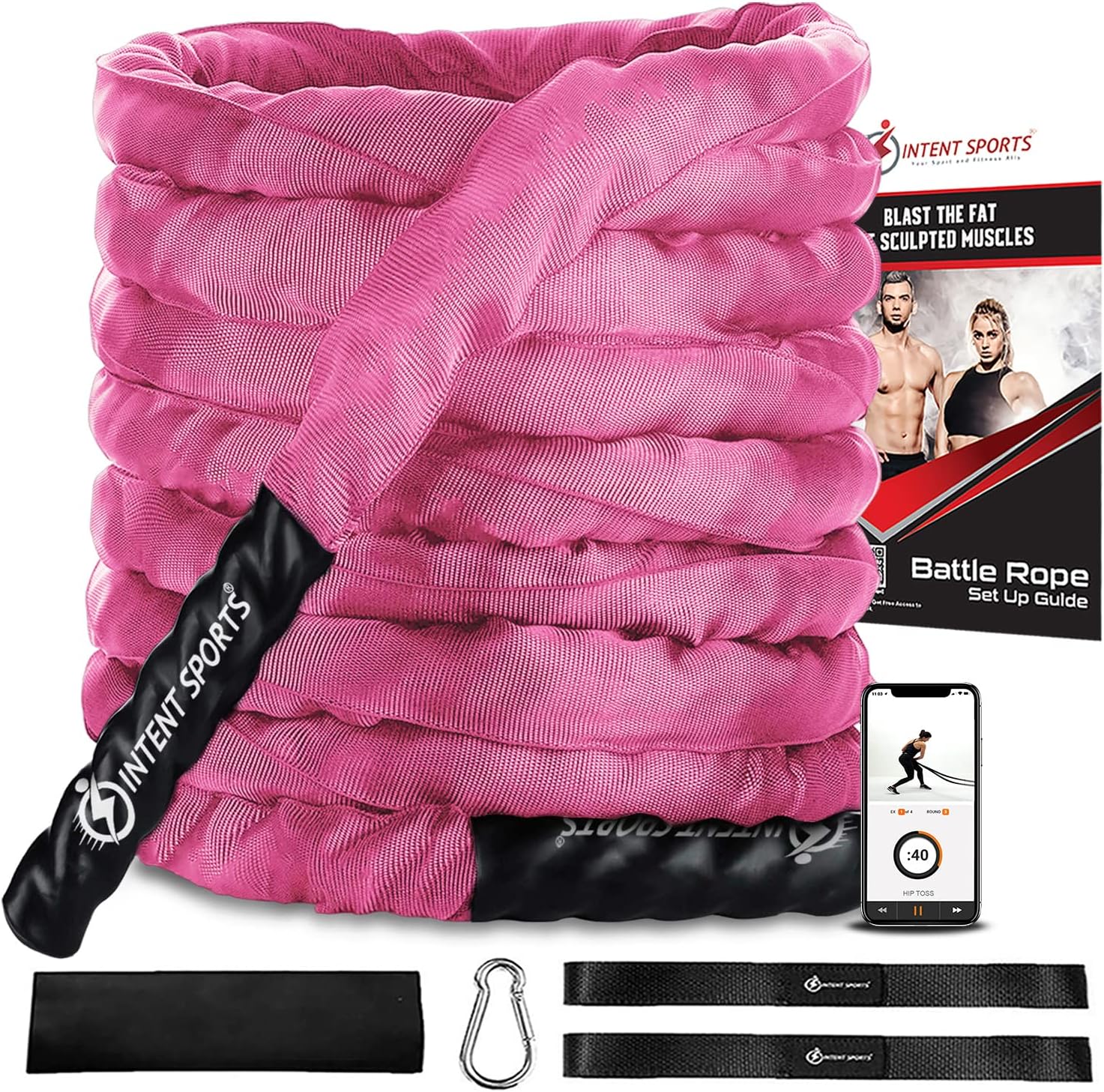 INTENT SPORTS Workout Battle Ropes &ndash; Pro Warrior Rope with Anchor Strap Kit, Protective Sleeve - Poly Dacron Power Rope for Fitness, Cardio Strength Training, Workout, Crossfit, Exercise Videos