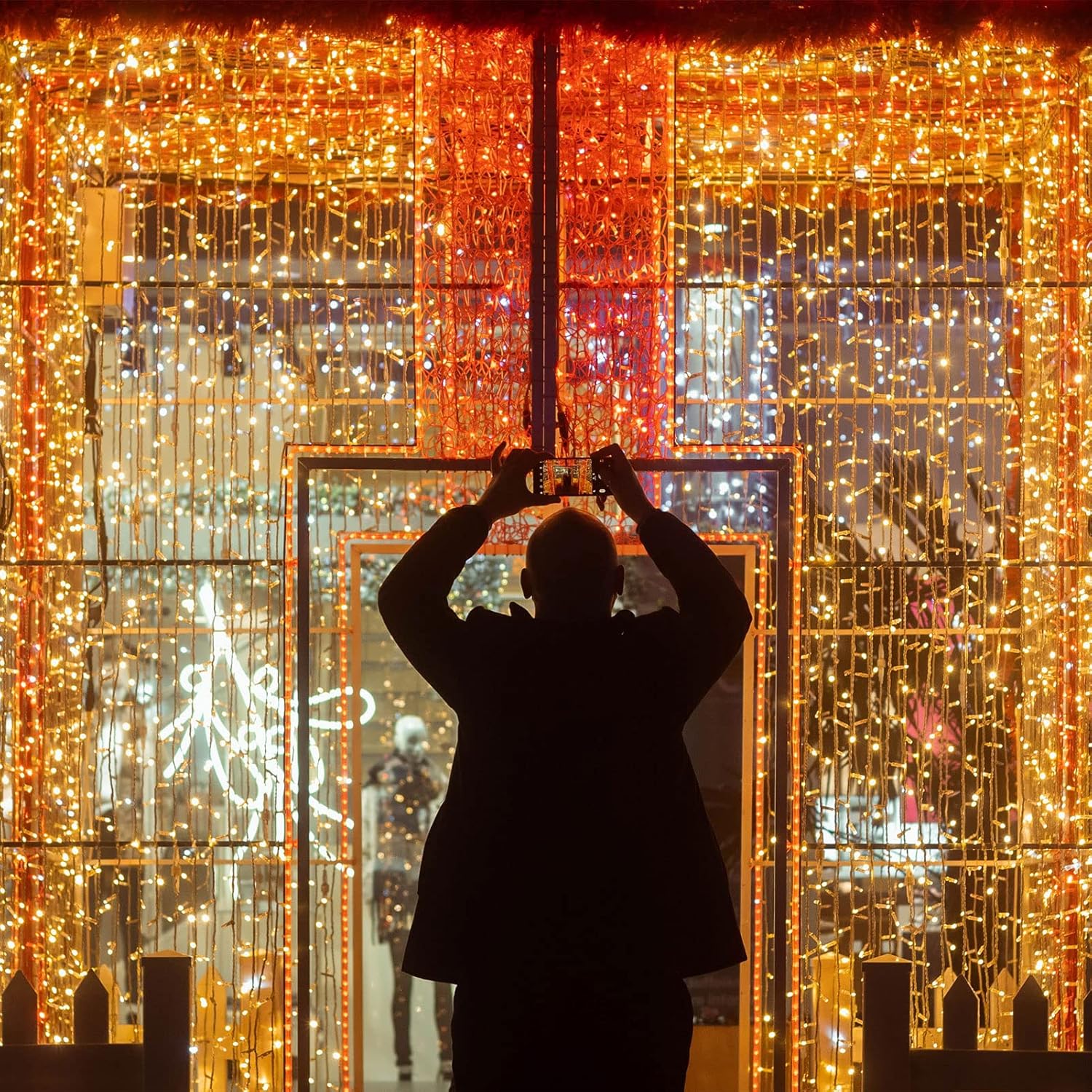 Battery Operated Curtain String Lights,300 LED Icicle Window Background Fairy Lights Decoration Lights for Wedding,Camping,BBQ (Warm White)