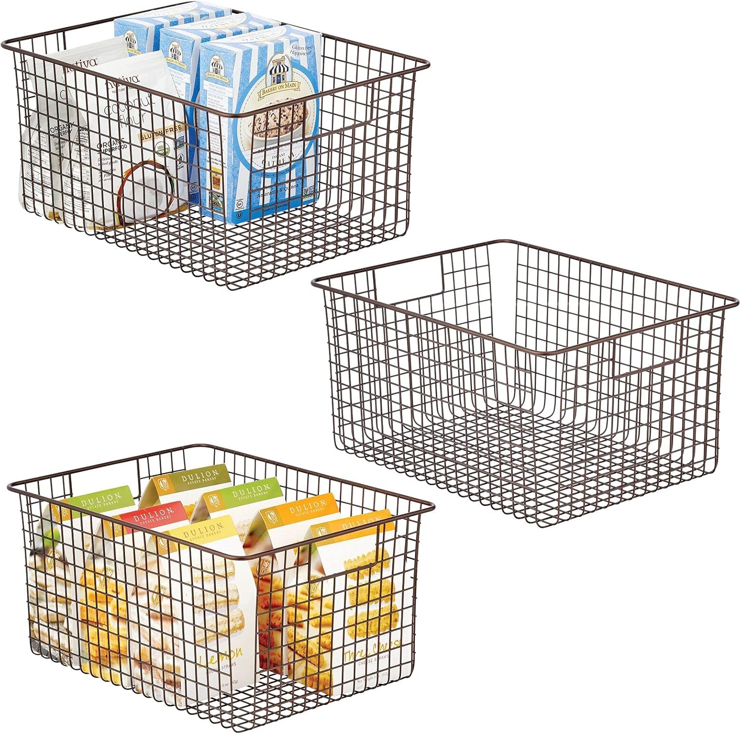 mDesign Farmhouse Decor Metal Wire Food Organizer Storage Bin Baskets with Handles for Kitchen Cabinets, Pantry, Bathroom, Laundry Room, Closets, Garage - 3 Pack - Bronze Pack of 2