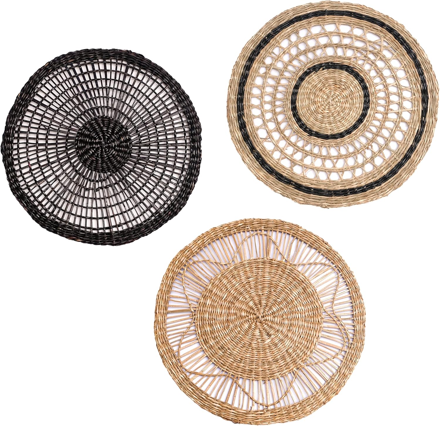ChicnChill Wall Hanging Basket - Set 3 of Wall Baskets Decor Boho Flat from Rattan, Flat Wall Baskets with African Design - Boho Wall Decor for Indoor Christmas Hanging Pack of 2
