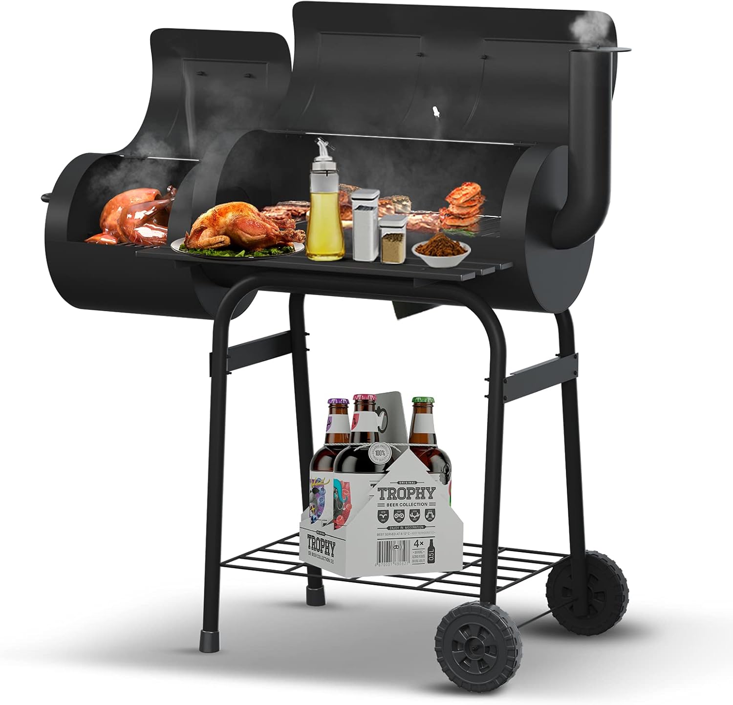 Panfrying Charcoal Grills Offset Smoker,Combo with Large Cooking Area,Black,for Outdoor Patio and Backyard BBQ Grill