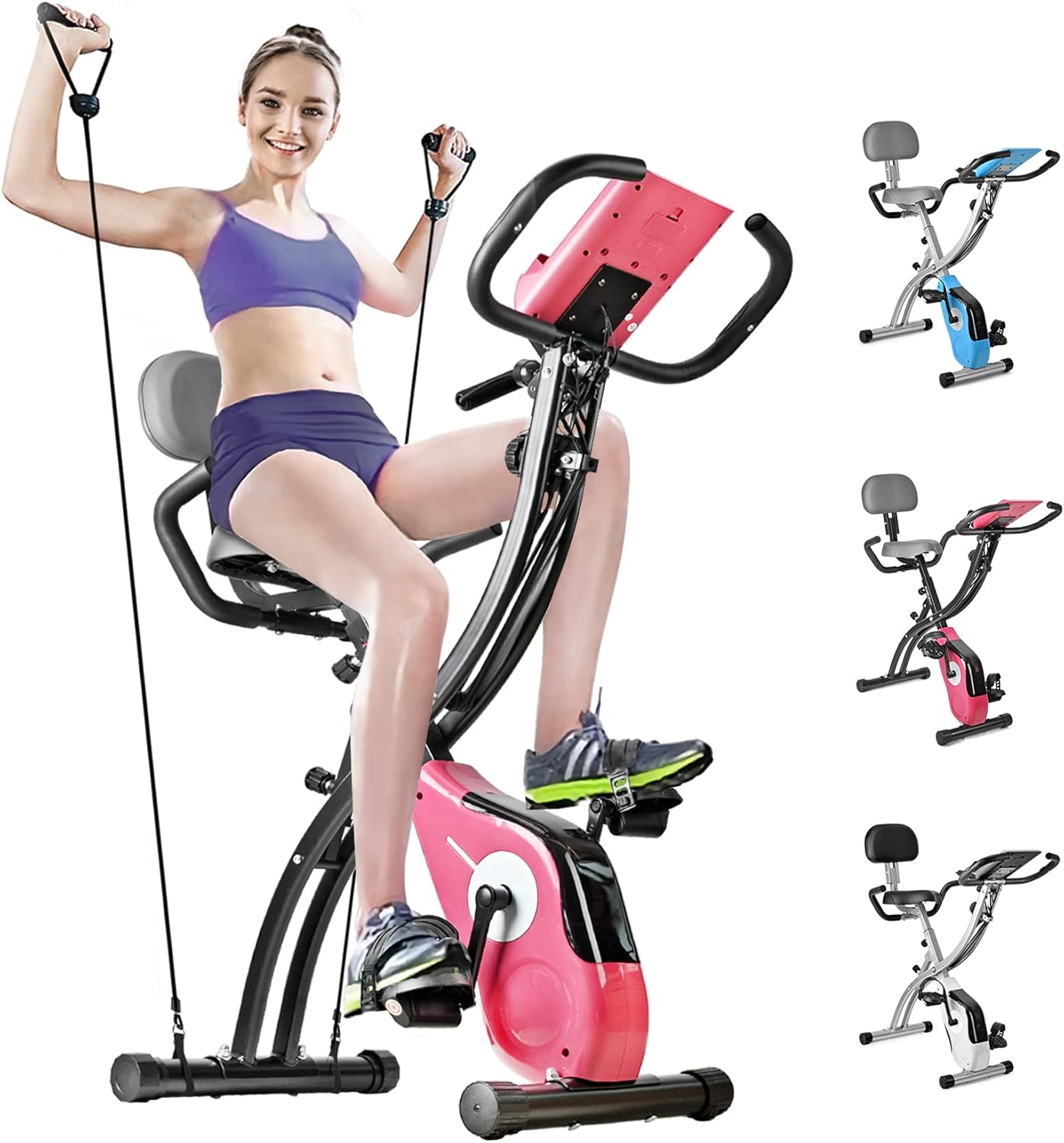 SALEMFIT Folding Stationary Bike, Magnetic Upright Bike Indoor Workout Exercise Cycle Bike with Front & Back Arm Resistance Bands LCD Monitor Pulse Sensor Phone Holder Backrest, For ​Home Workout Total Body Gym