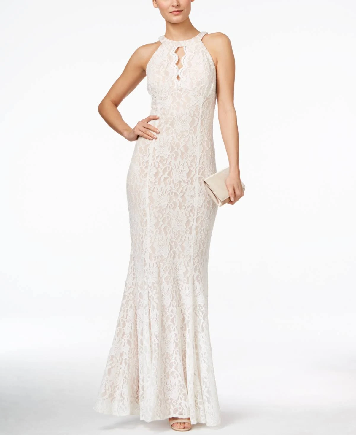 Nightway Lace Keyhole Halter Gown - Ivory/Nude