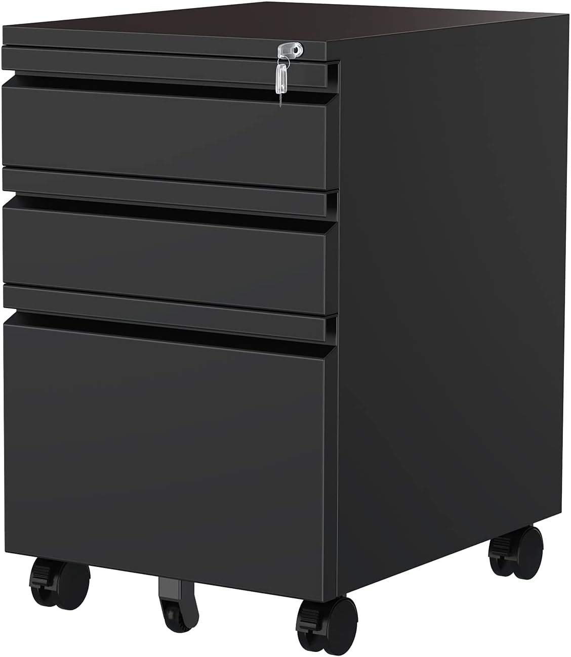 MIIIKO 3 Drawer Filing Cabinet with Lock, Slim Mobile File Cabinet with Round Edges, Black Home Office Storage Cabinet for Files A4/Letter/Legal, Full Assembled Except Casters