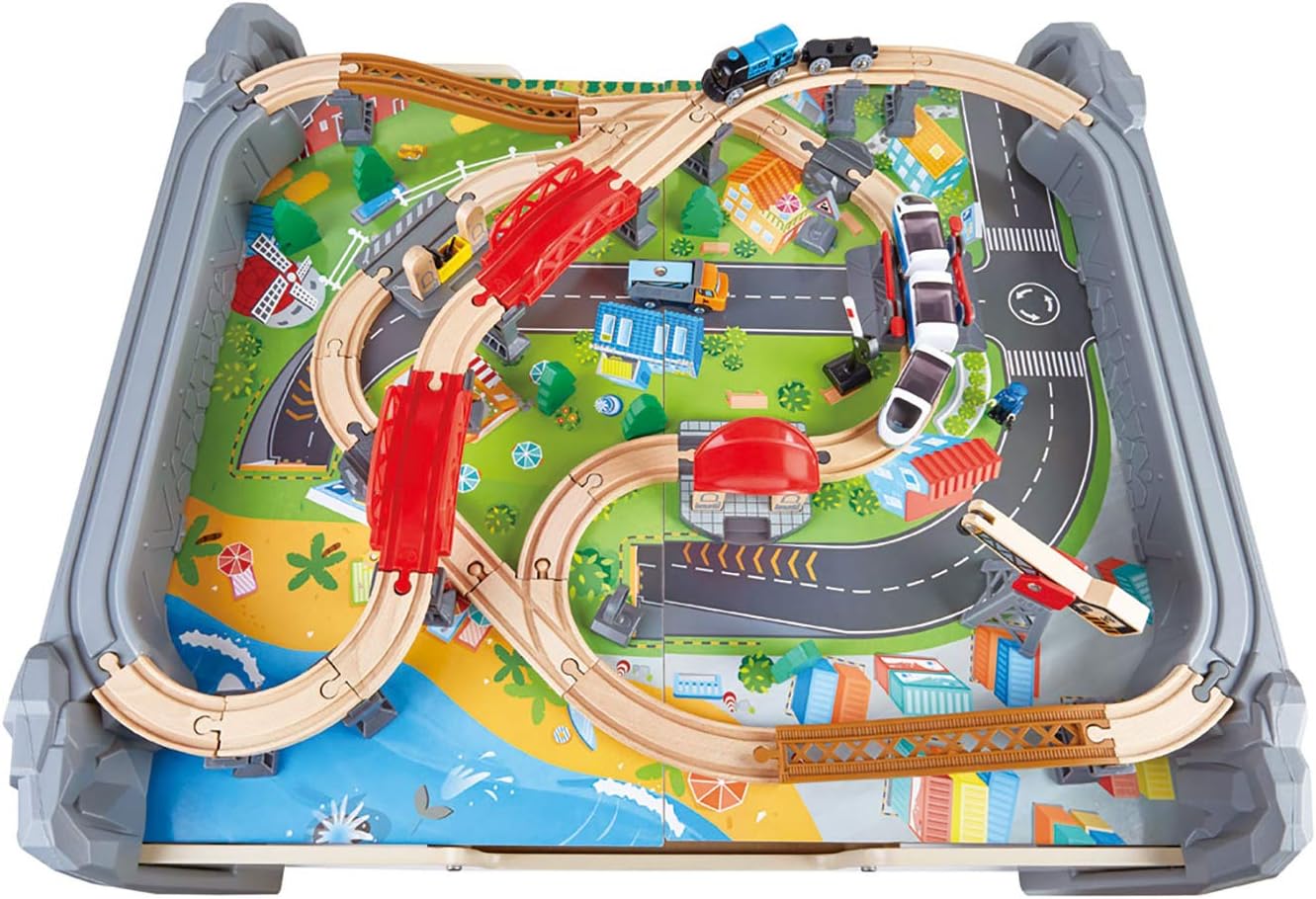 Hape E3766 70 Piece Railway Train Table and Set Toy with Battery Powered Locomotive with Removable Playmat Surface and Storage for Kids 3 Years and Up