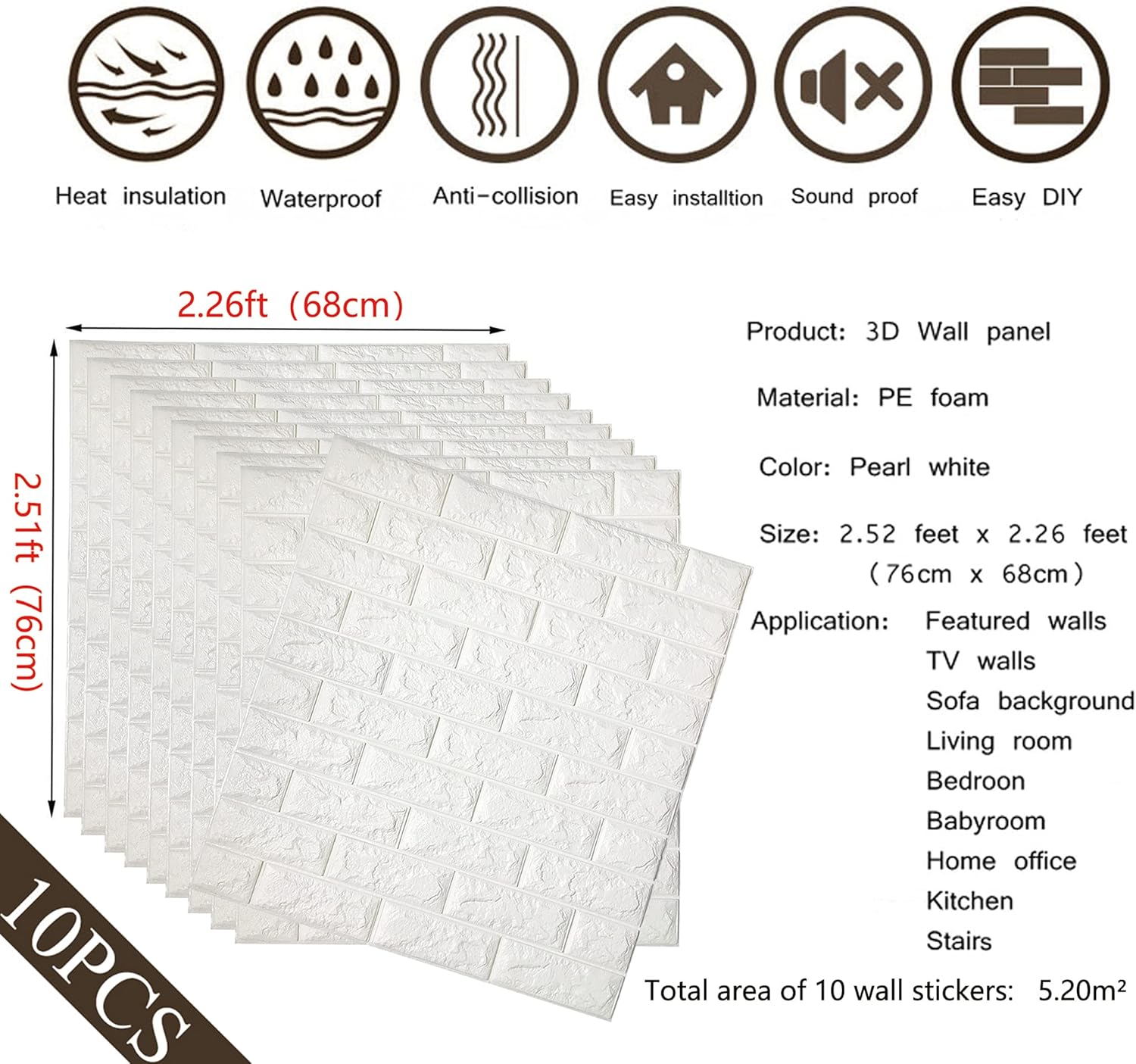 Arthome White Brick 3D Wall Panels Peel and Stick Wallpaper for Living Room Bedroom Background Wall Decoration (10 Pack, White 56.9 sq feet)