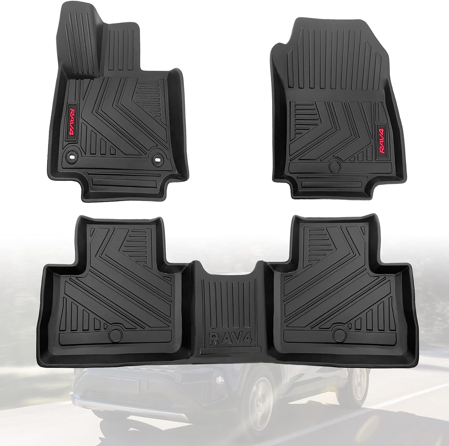 Floor Mats 2 Row Liner Pad Set Black for Toyota RAV4 2019 2020 2021, Toyota RAV4 Accessories Parts, All Weather Protector Mat Front & Rear 2 Row Seat TPE Slush Liner (Not Hybrid Model)