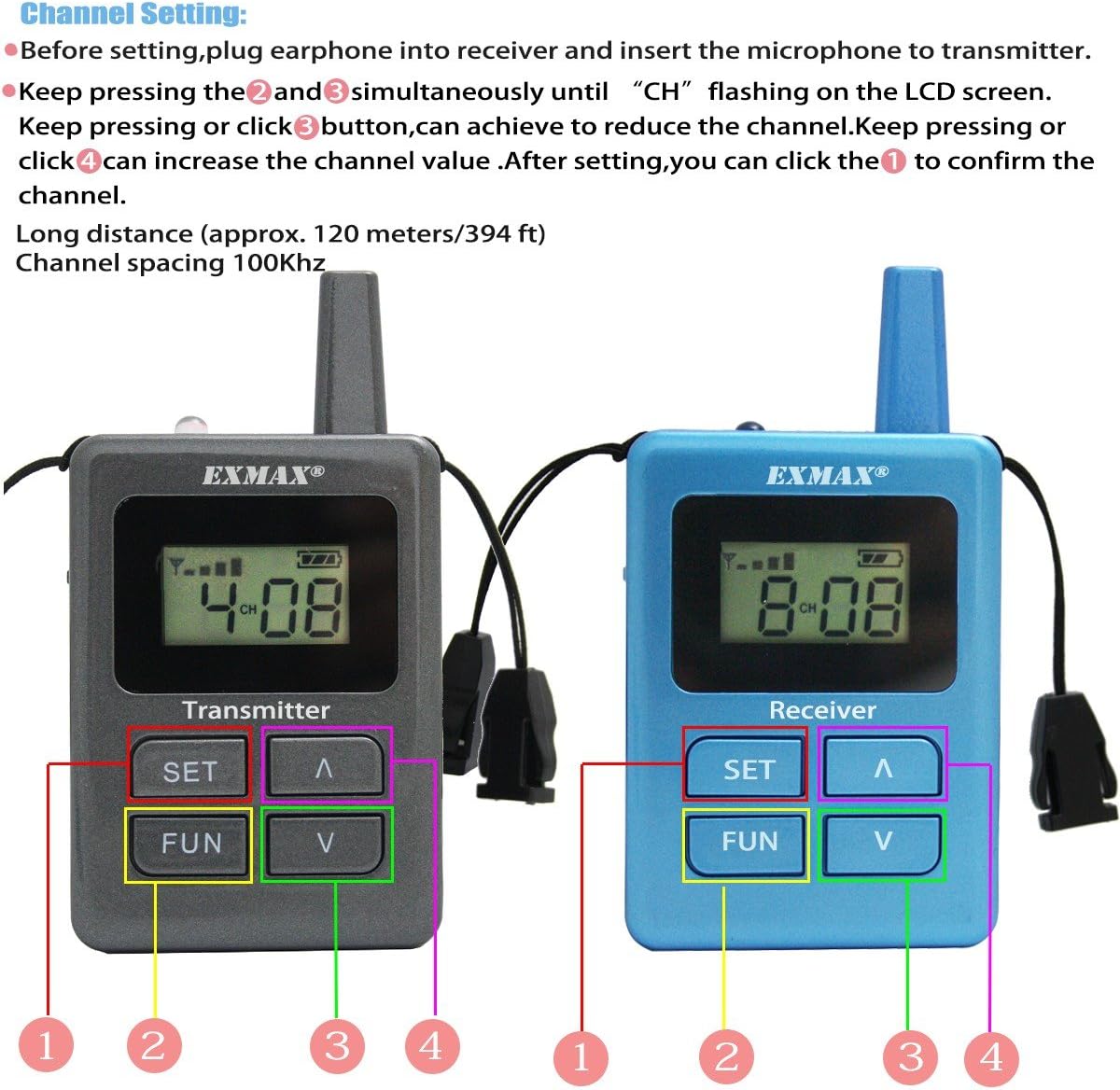 EXMAX ELGT-470 UHF Wireless Whisper Acoustic Digital Voice Transmission Tour Guide System 100 Channels for Assistive listening, court of law,theatre,Outdoor Scenic Spots(1 Transmitter & 15 Receivers)
