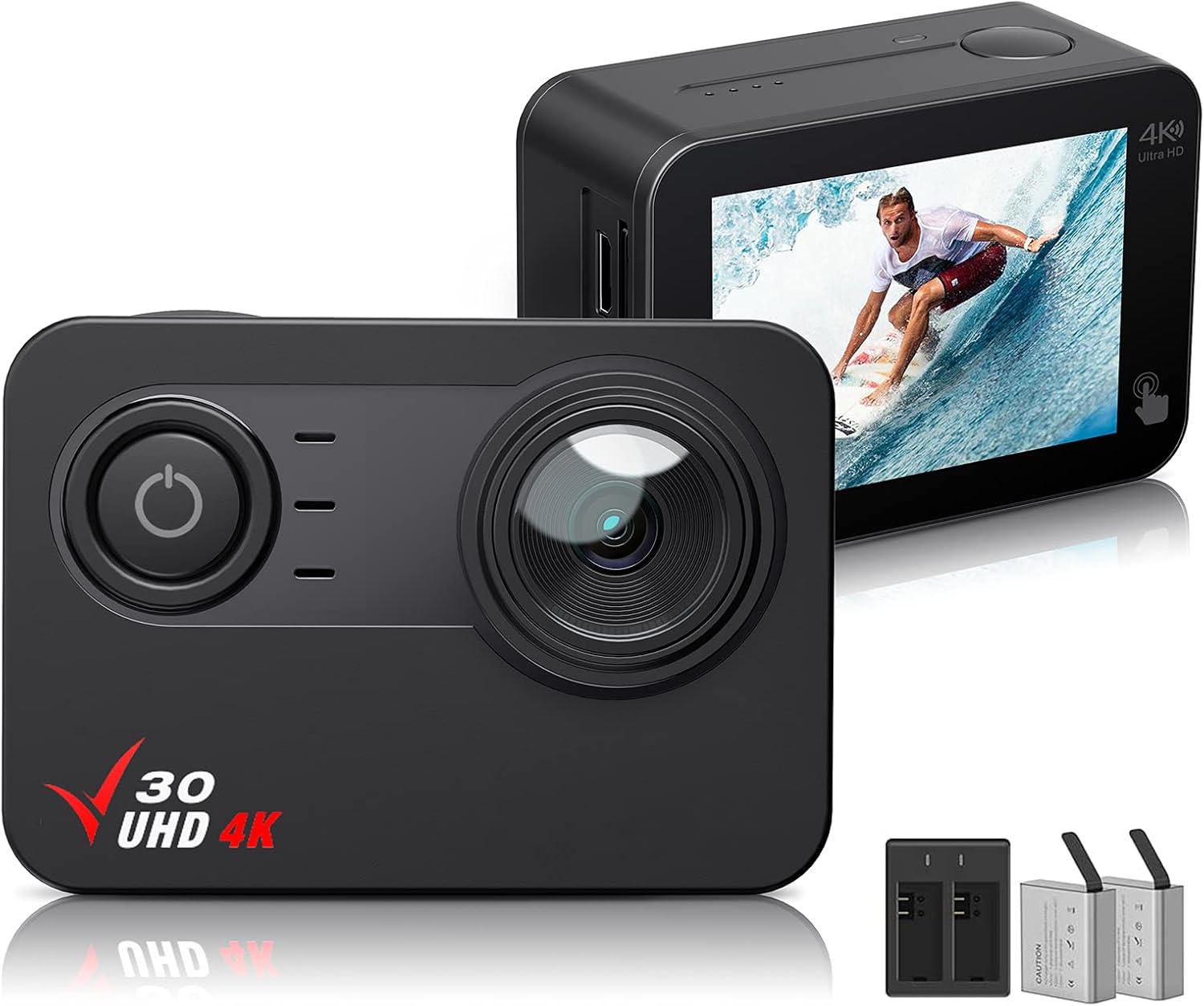 Action Camera 4K 30FPS Ultra HD 100FT Waterproof Camera Touch Screen Adjustable Wide Angle PC Webcam WiFi Sports Camera EIS Stabilization 2'' Touch Screen 1350mAh Batteries and Helmet Accessories Kit