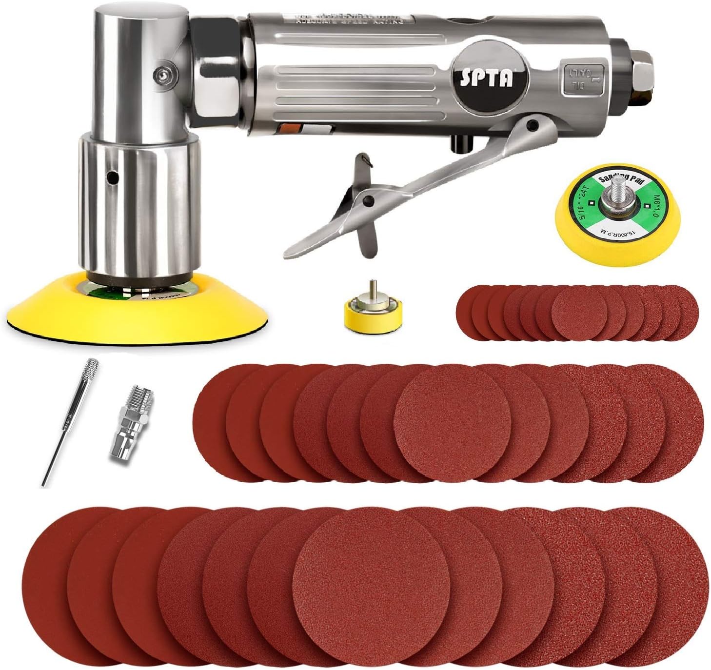 SPTA Mini Air Angle Sander Grinder Air Random Palm Sander Air Orbital Sander with M6 Backing Plate Car Polisher Sets with 36Pcs Mix Grit 80mm, 50mm, 25mm Sanding Disc Sanding Pads