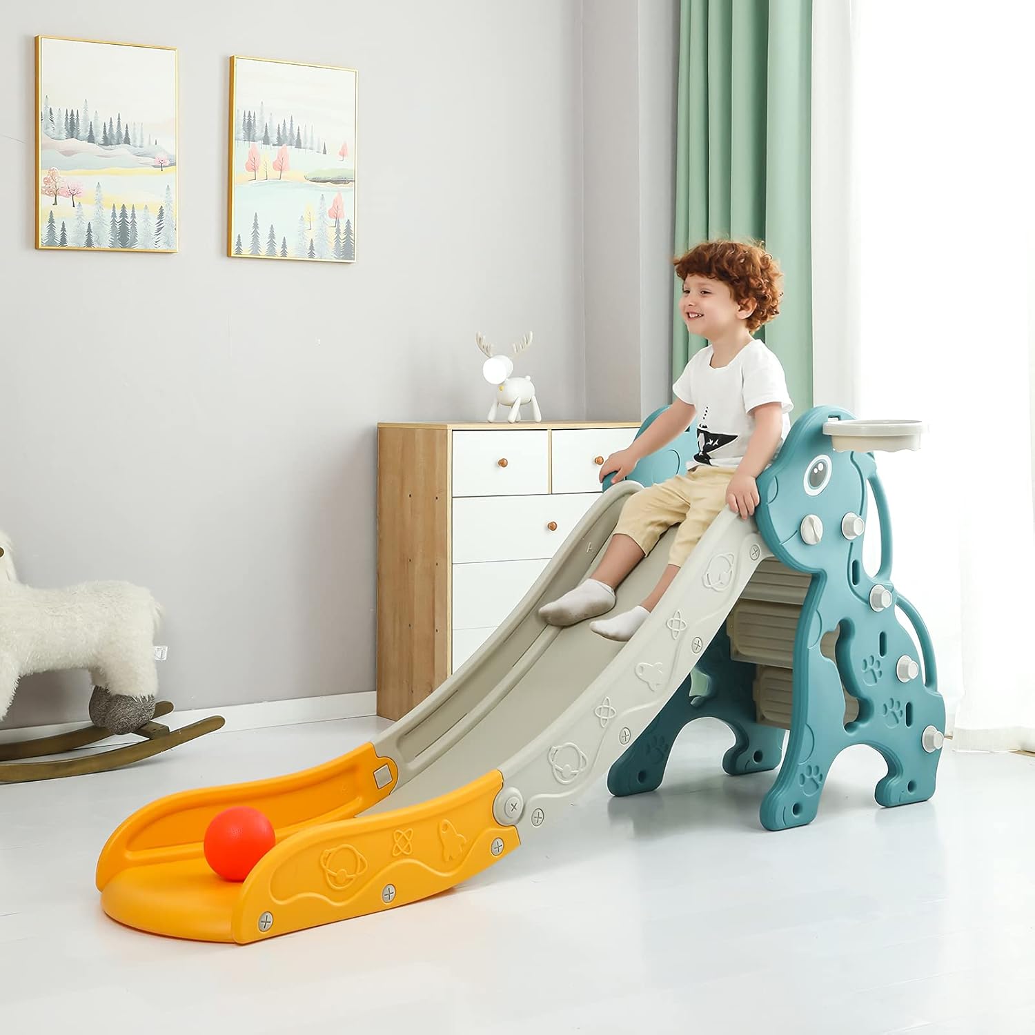 CuFun Slide for Kids, Toddler Playground Slipping Slide Climber, Extra Long Slide Slope with Basketball Hoop for Indoor Outdoor Backyard Use (Pink Car)