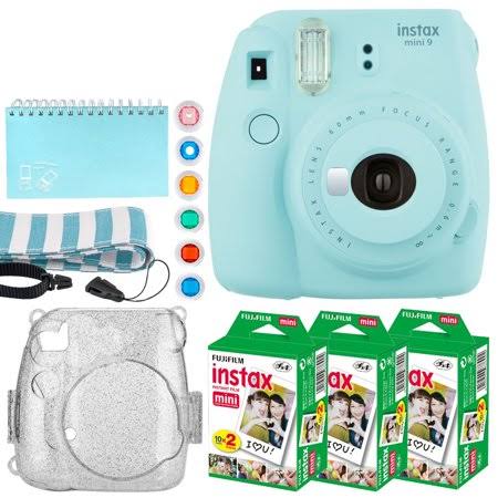 Fujifilm Instax Mini 9 Instant Camera (Ice Blue) + Fujifilm Instax Mini Twin Pack Instant Film (60 Exposures) + Glitter Hard Cas