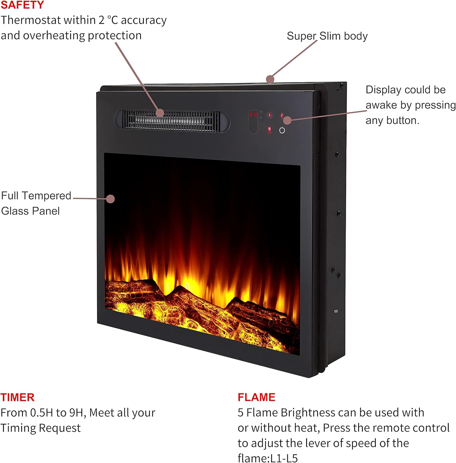 MOCIFI 18 inch Built-in Electric Fireplace Insert Heater,Low Noise,Remote Control,Touch Control Screen,Adjustable Flame Brightness and Speed,1000W,Black