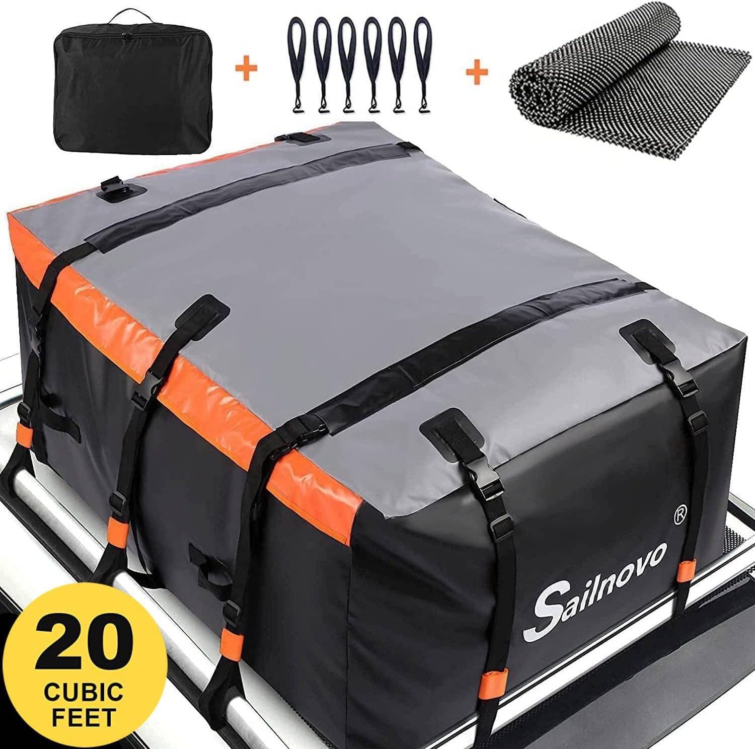 Car Roof Bag Cargo Carrier, 20 Cubic Feet Waterproof Vehicle Soft-Shell Cargo Carriers with 10 Reinforced Strap, 6 Door Hook, Rooftop Anti-Slip Mat, Storage Carrying Bag for All Car with/Without Rack