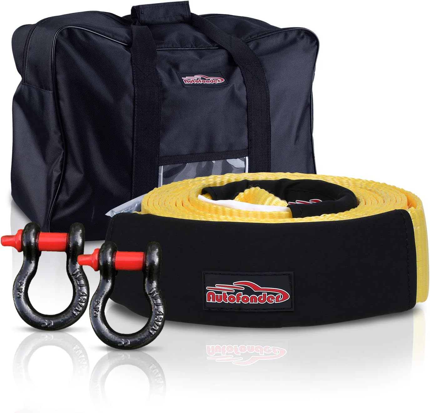 Autofonder Heavy Duty Tow Strap 12T Recovery Kit: 4WD Tow Strap + 3/4 Bow Shackle (2pcs) + Storage Bag (20ft)