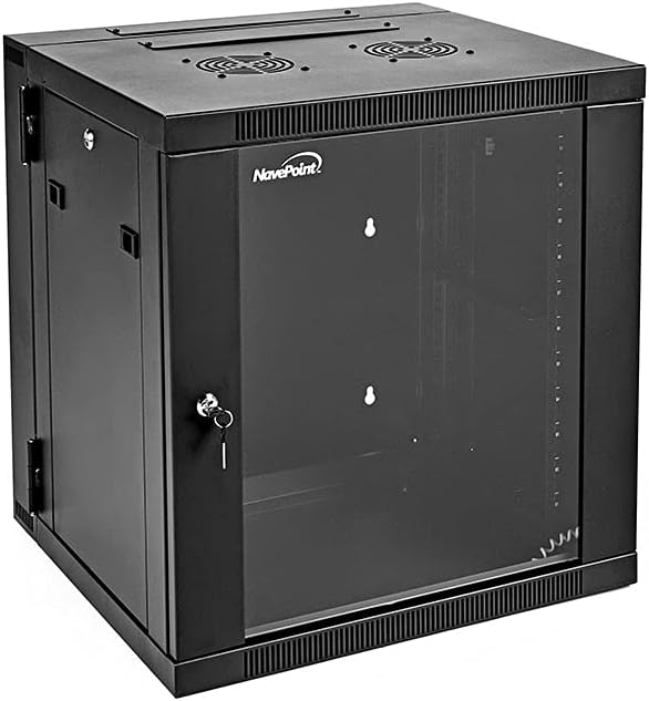 NavePoint 12U Wall-Mount Network Cabinet Enclosure, 550mm Depth, Hinged Back, Swing Gate Server Cabinet, Locks, Pre-Assembled, Reversible Glass Front Door, 2 x L Brackets, 2 Fans, Cable Management