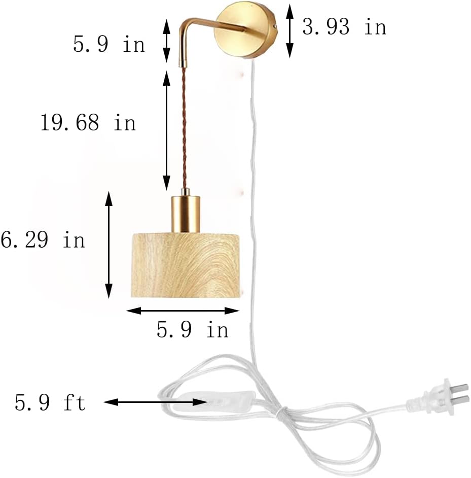 Kiven Moderm Simple Wall Lamp with a 5.9ft Plug-in Cord with on/Off Switch,E26 Socke Retro Log Style Wall Lamp for Background Bedroom&mdash; Burlywood（Bulb not Included)
