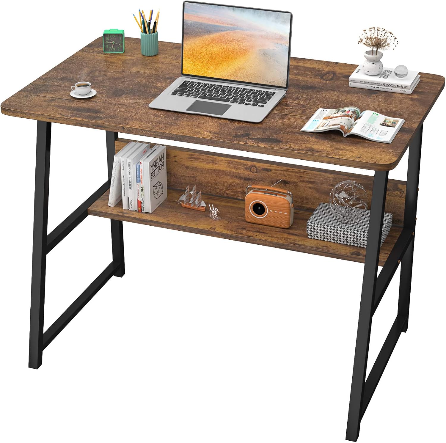 Topfurny Computer Desk 32 Inch Modern Sturdy Writing Desk with Bookshelf Study Table Desk with Metal Legs Industrial Table for Home Office for Small Space, Rustic Brown