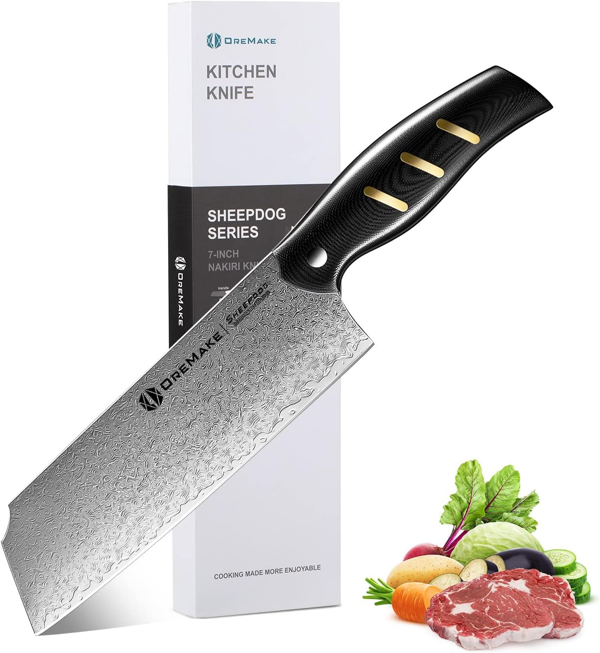 Chef's Knife, OREMAKE 7-INCH NAKIRI Kitchen Knife, Japanese Damascus Steel 69-Layer Forged, With High Carbon Content, With Ergonomic Brass-Accented G10 Handle, Sheepdog Knife Series，Gift For Family.