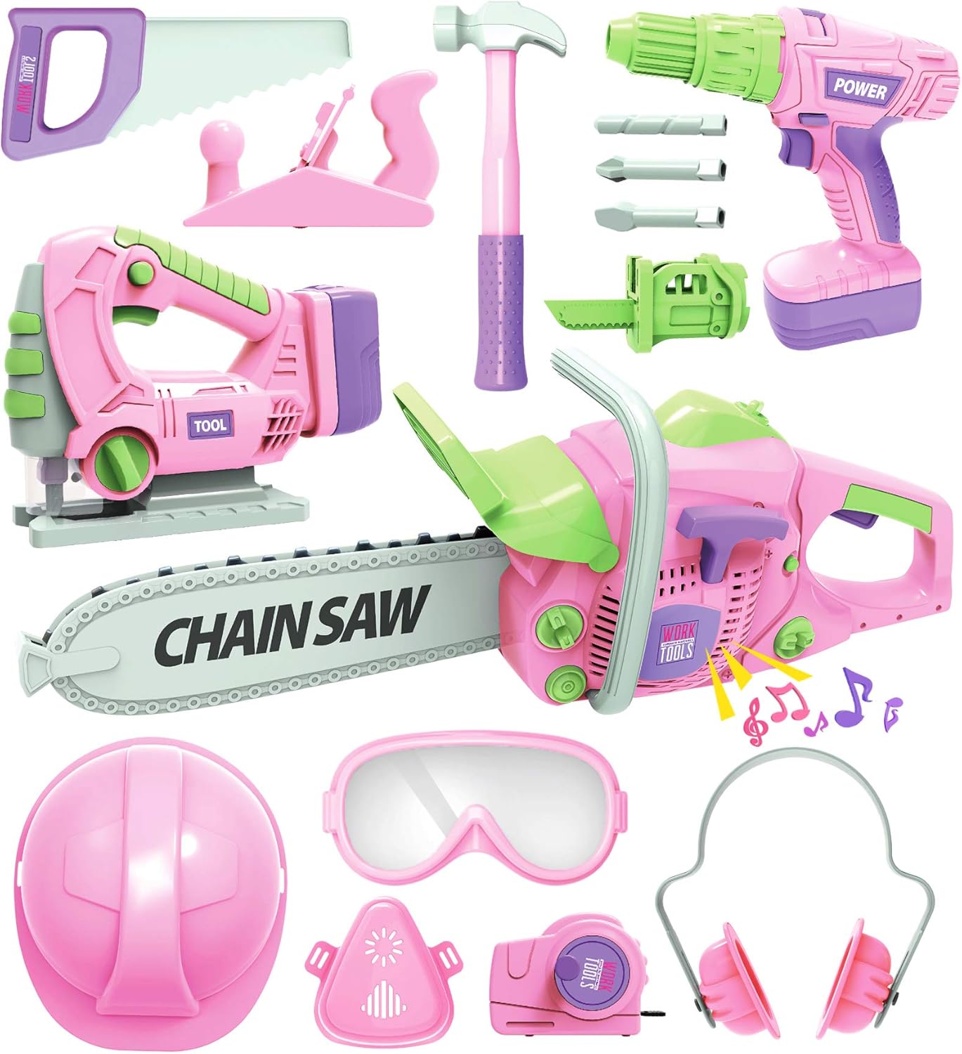 Kids Tool Set with Electric Toy Drill Chainsaw Jigsaw Toy Tools for Girl, Realistic Kids Power Construction Pretend Play Tools Set Toddler Toys Playset Kit for Toddler Boy Girl Kid Child Tool Toy Pink Pack of 2