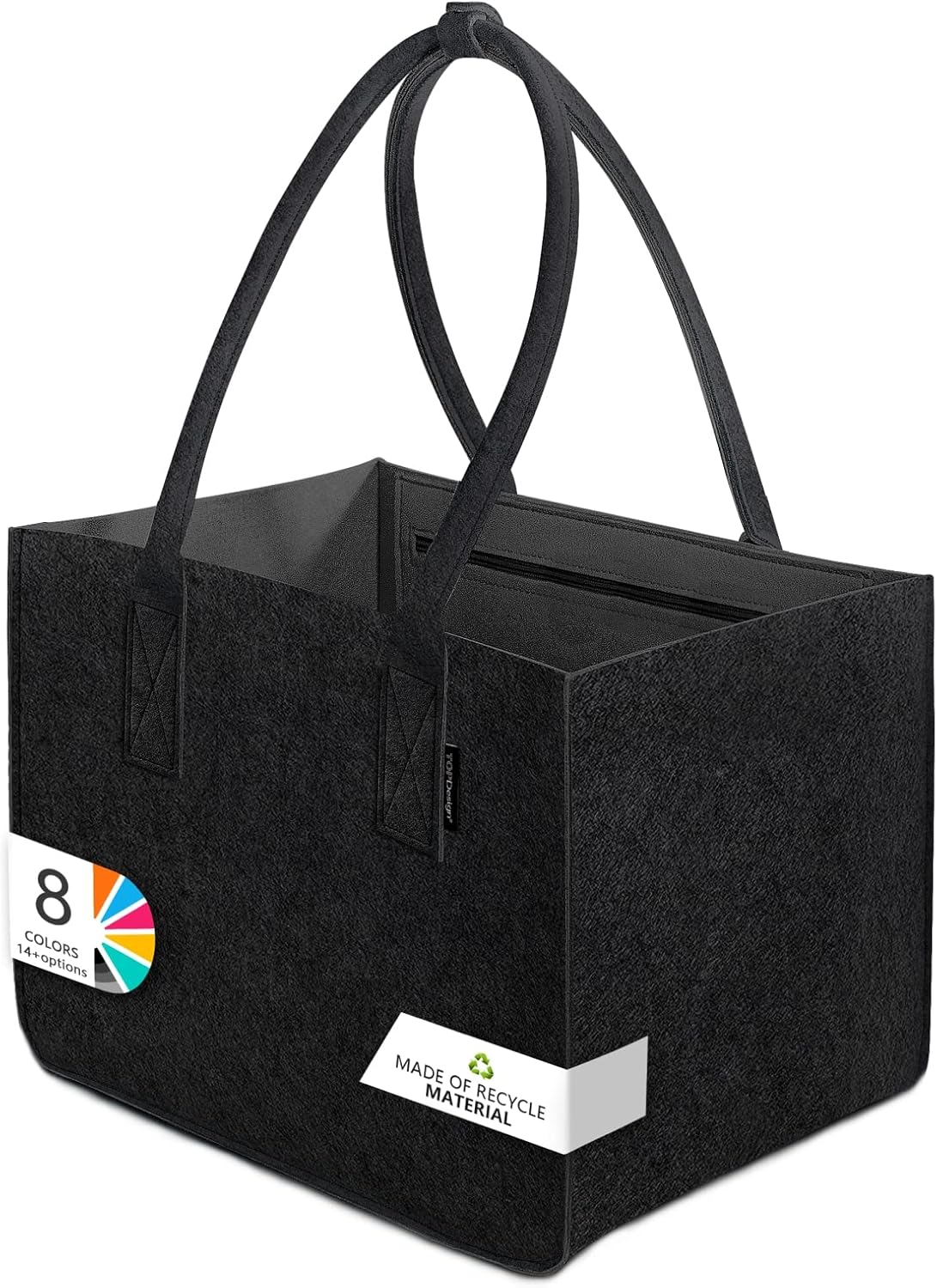 TOPDesign Reusable Grocery Felt Bag with Long Handle, Large Durable Shopping Basket, Utility Tote Bag for Organization, Storing Wood, Stand Upright (Black)